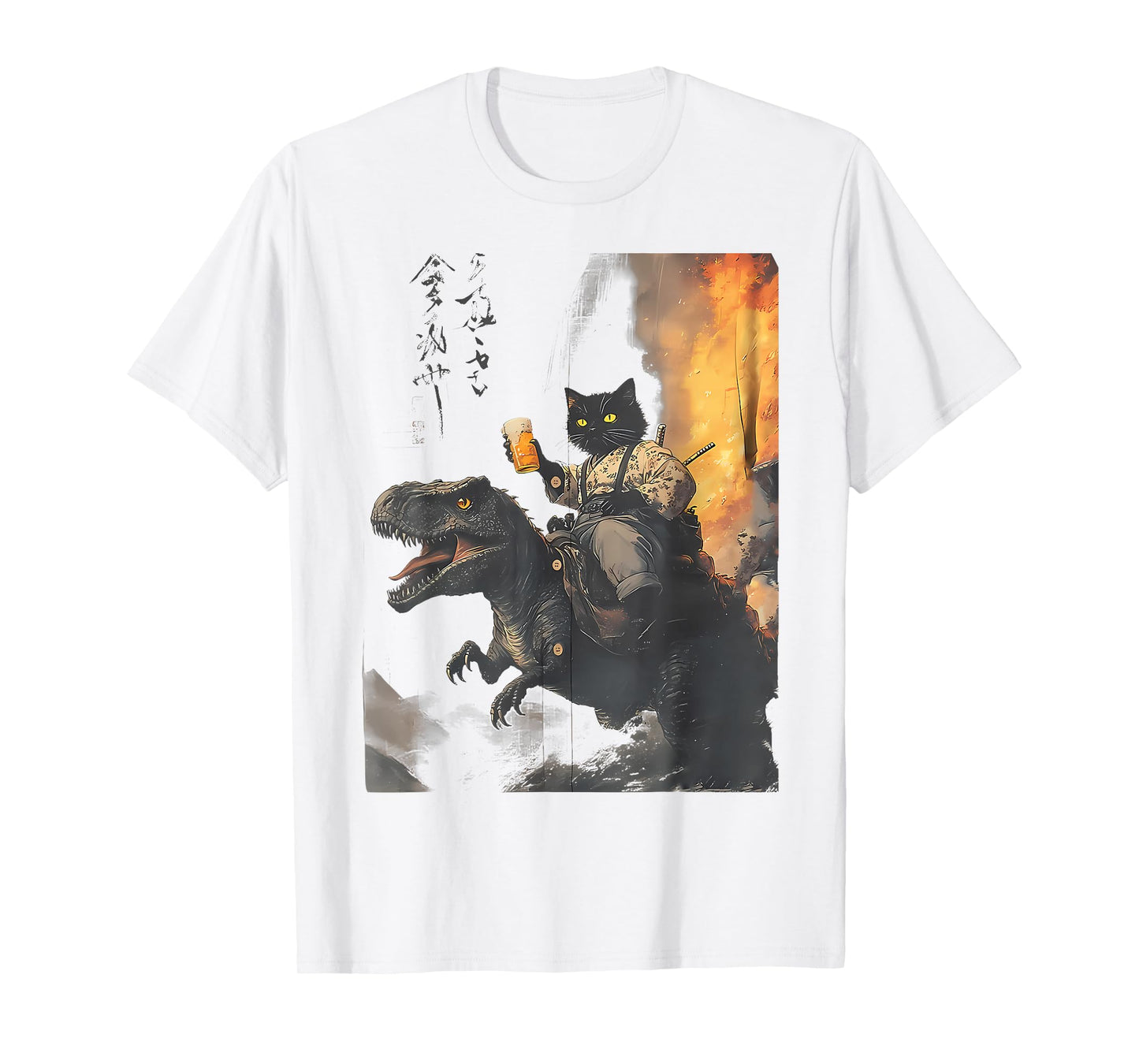 Black Cat Samurai Dinosaur Funny Men Women T-Shirt