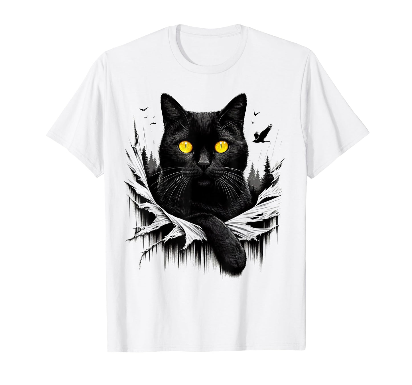 Black Cat Torn Cloth - Black Cat Yellow Eyes T-Shirt