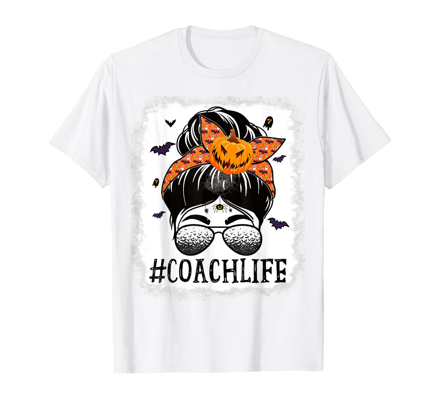 Coach Messy Bun Spooky Pumpkin Bat Orange Halloween Costume T-Shirt