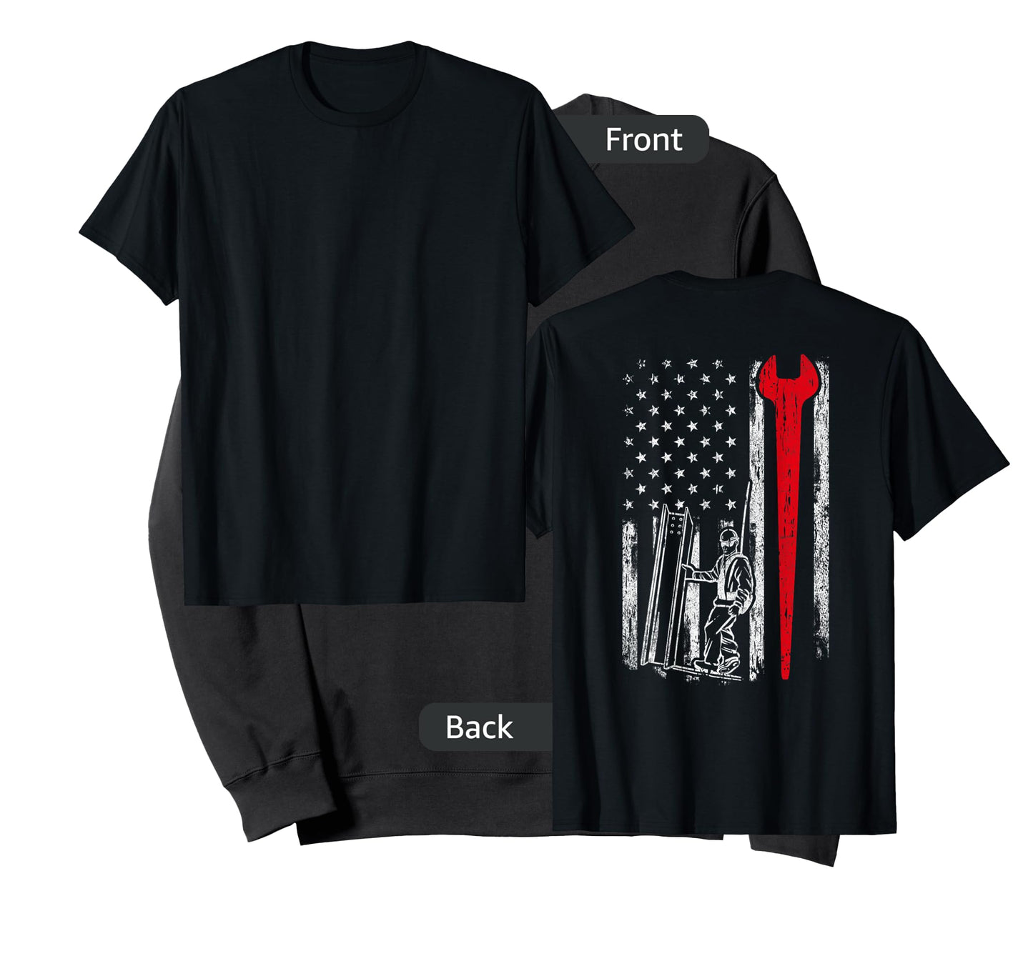 American USA Flag Ironworker Design On Back Vintage Novelty T-Shirt