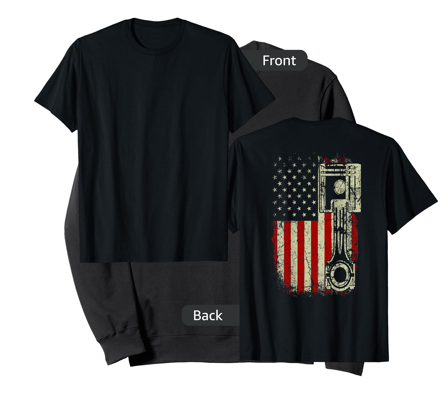 American Flag Piston Muscle Car Patriotic Vintage on back T-Shirt