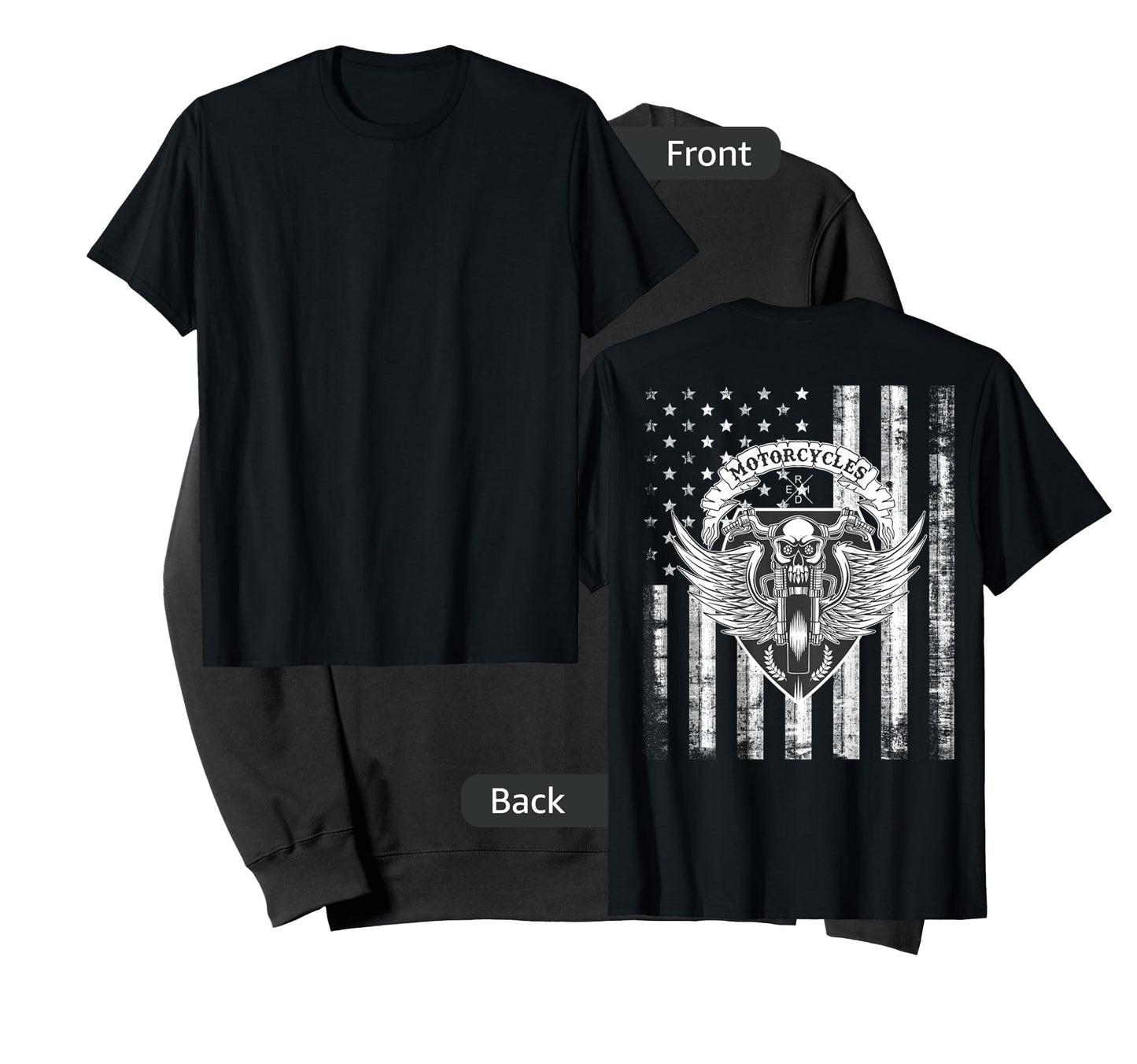 Biker Motorcycle Skull Distressed USA Flag Grunge - on Back T-Shirt