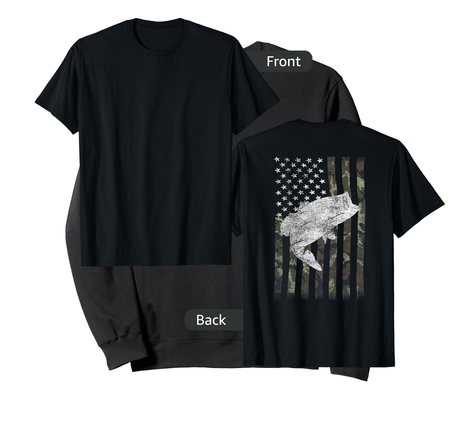 Bass Fishing American Camo USA Flag for Fisherman (on Back) T-Shirt Small