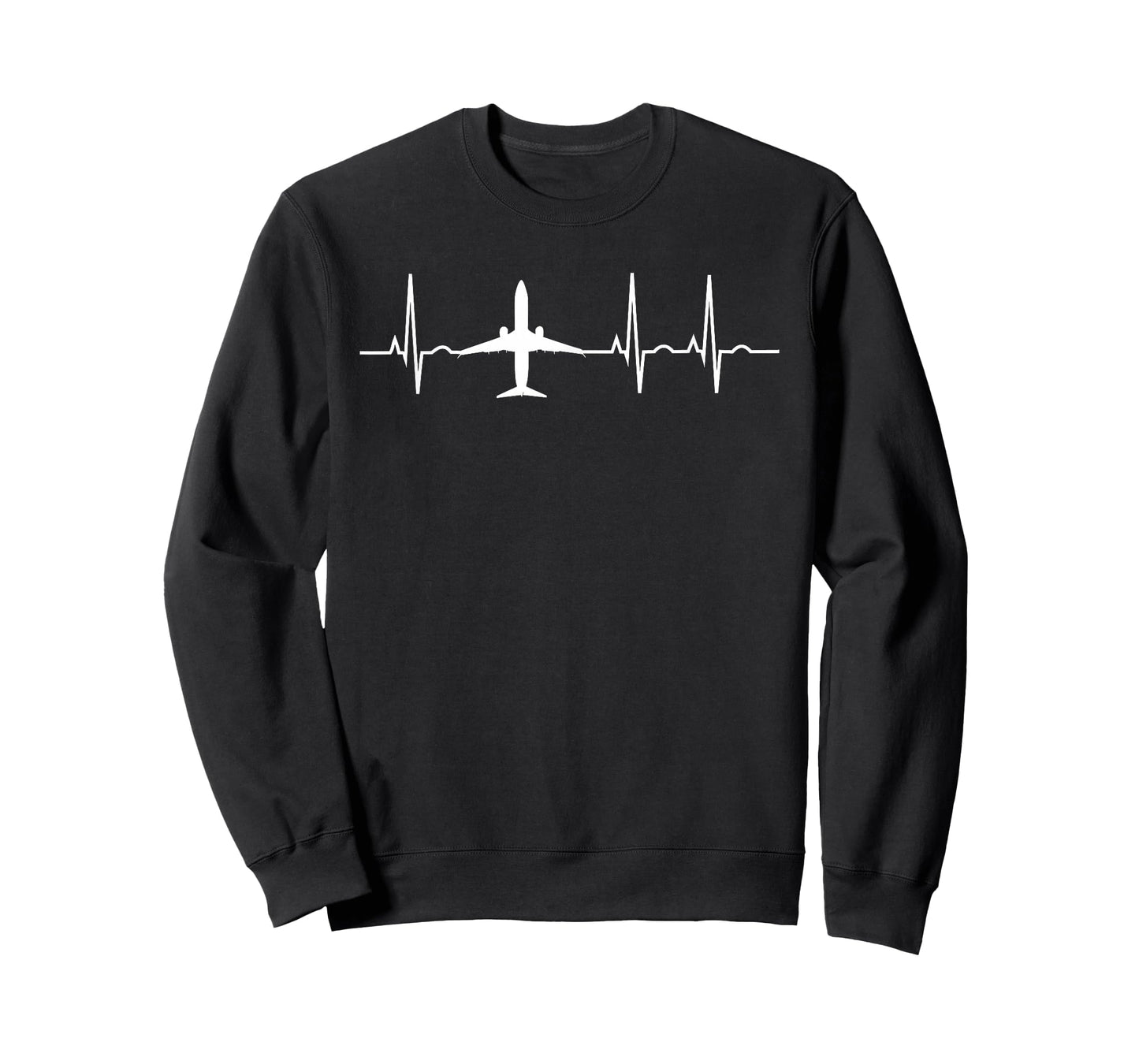 Airplane Pilot Heartbeat EKG Apparel Men's Black Cotton Polyester Modern Graphic T-Shirt with Airplane ECG Design, Short Sleeve, Crew Neck, Classic Fit, Pull On, Straight Hemline, Adult Size Small