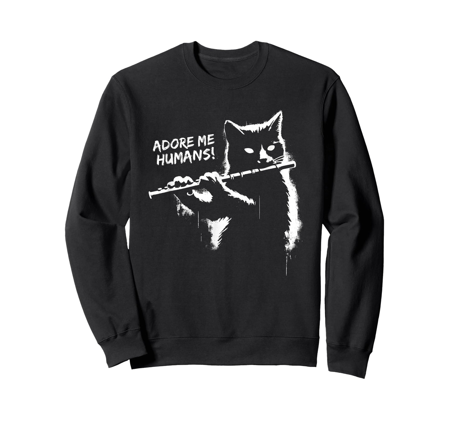 Retro Cat Apparel Gifts Black Cat Playing Flute - Funny Graphic Cat Kitten Lover T-Shirt, Small