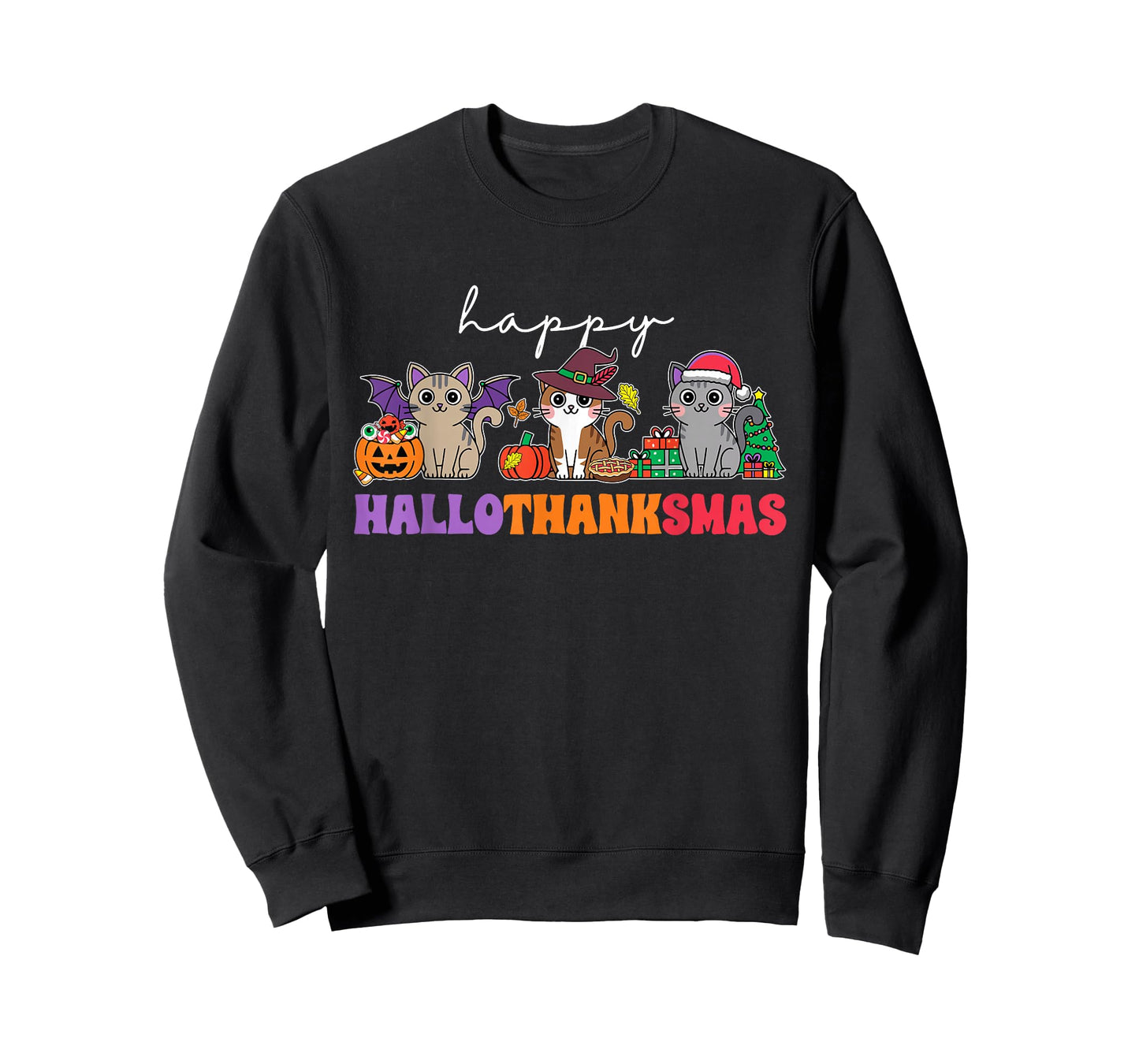 HalloThanksMas Cats T-Shirt: Unisex-Adults, Unisex-Kids, Black, Small, Short Sleeve, T-Shirt, Halloween, Thanksgiving, Christmas, Fall, Winter, Autumn