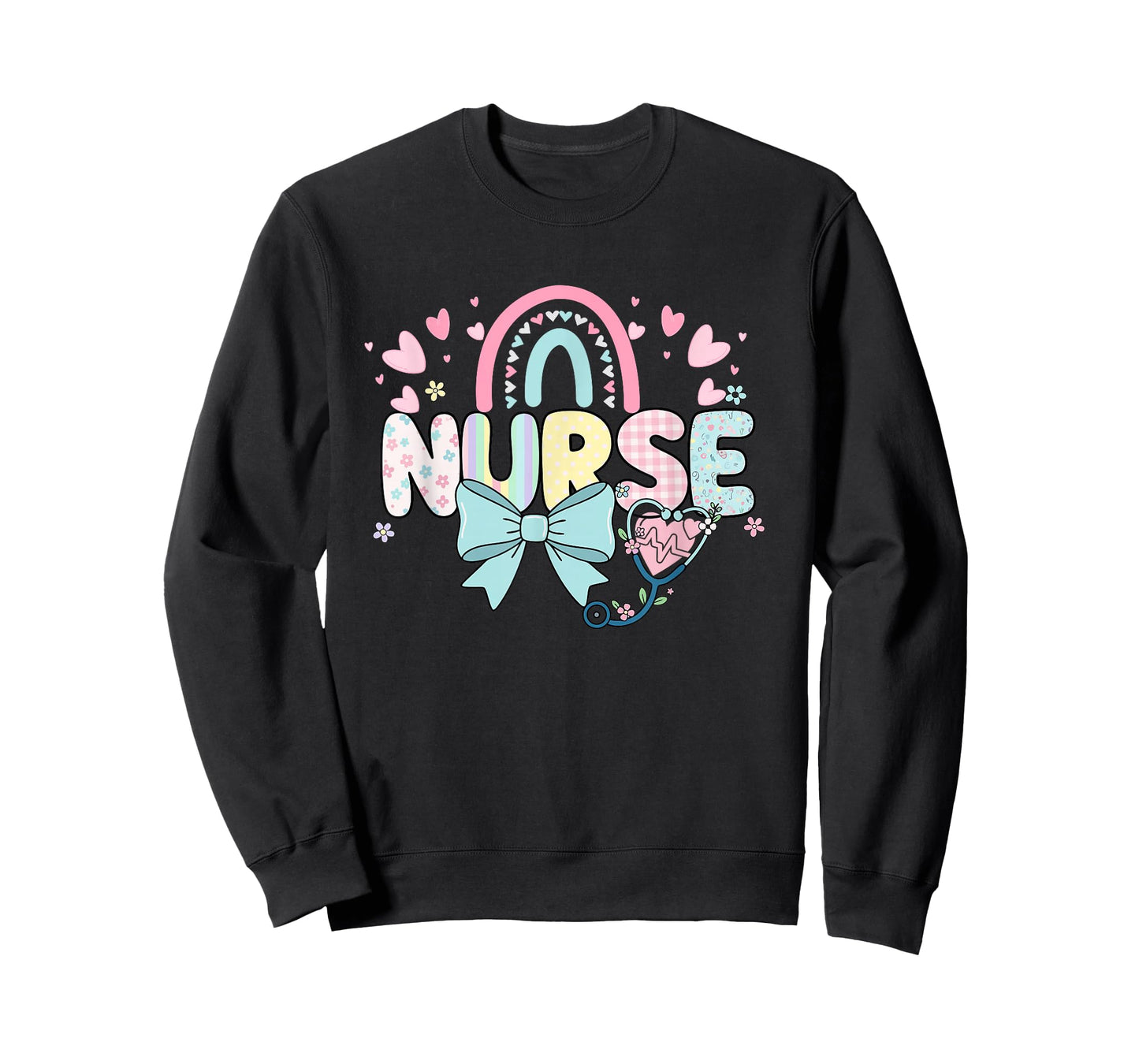 Colorful Nurse Rainbow Bow Stethoscope Heart Design T-Shirt