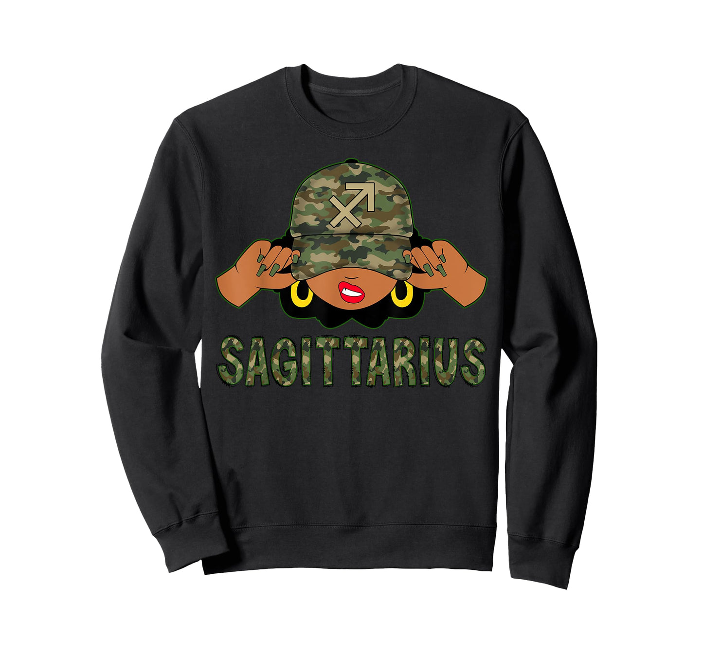 Sagittarius Queen Black Woman With Camo Cap Afro Girl Zodiac T-Shirt