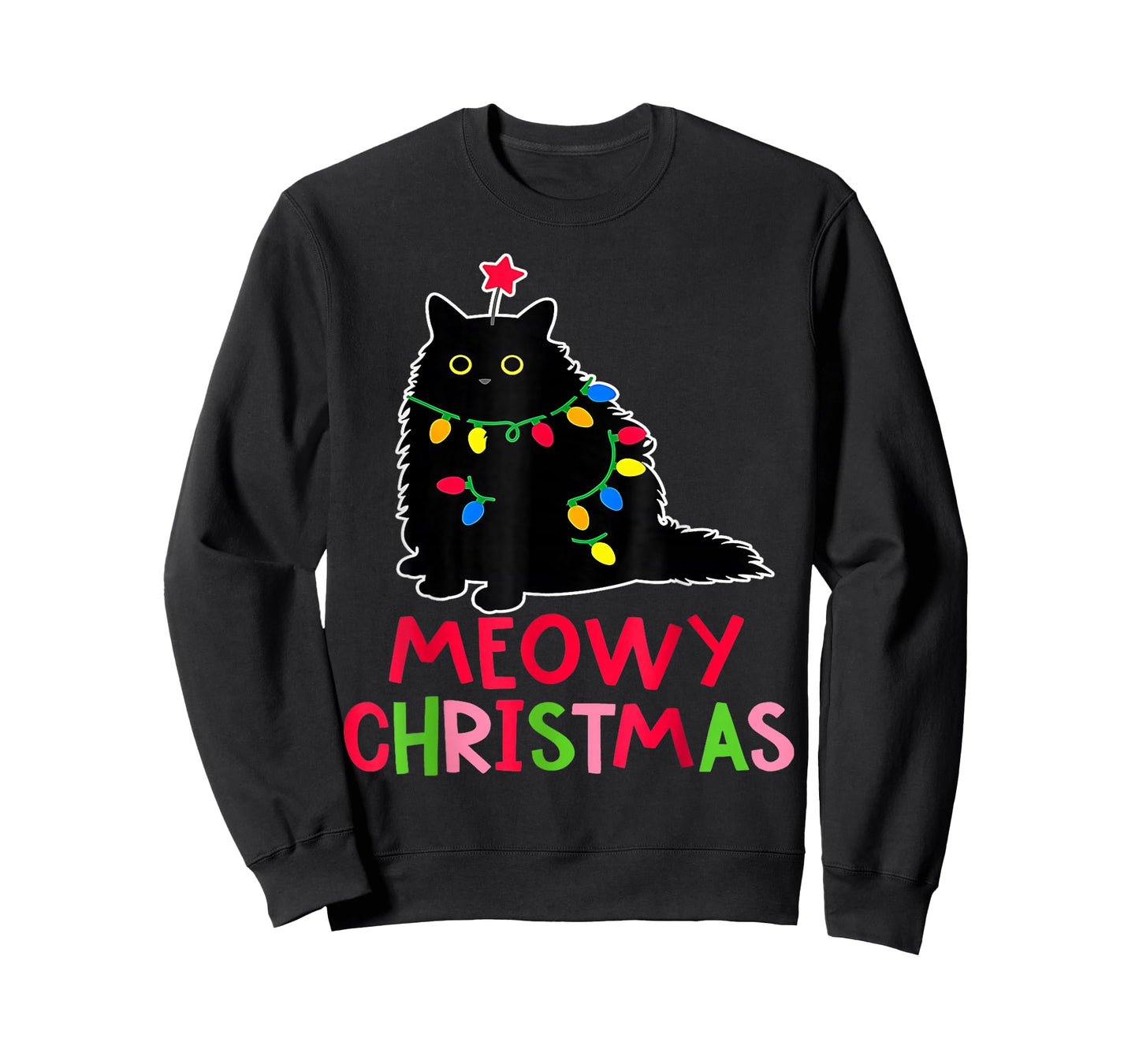Meowy Christmas Xmas Lights Black Cat Pajamas Family Funny T-Shirt