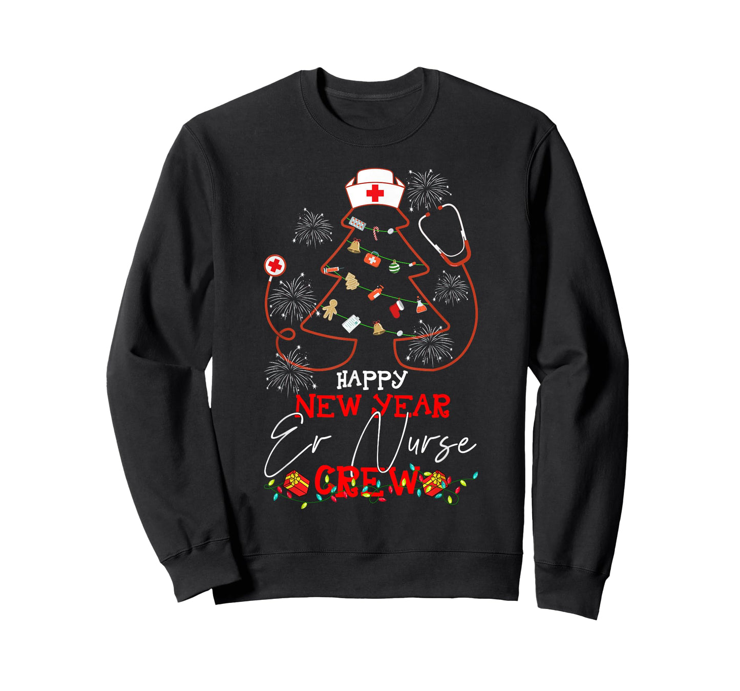 Christmas T-Shirt - Happy New Year ER Nurse Crew Reindeer Nurse - Black, Small - Women-Adults