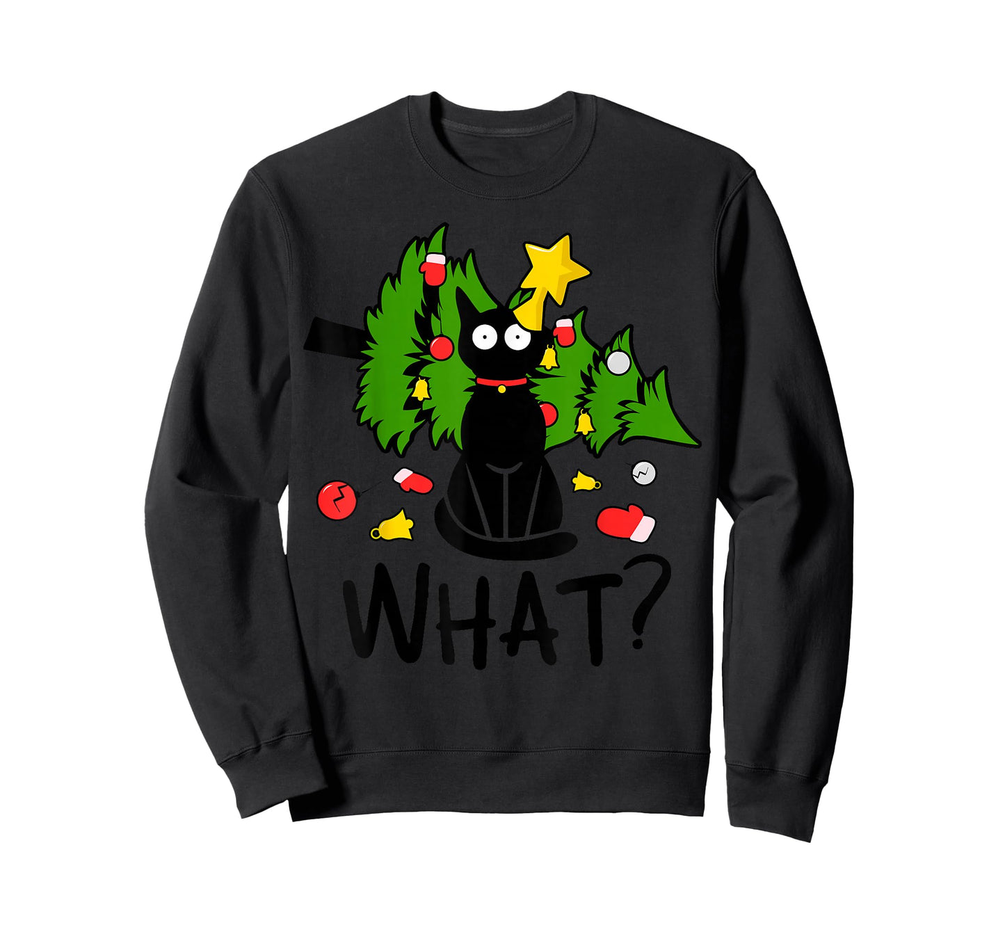 Funny Black Cat Christmas Tree Merry Xmas Humor Cat What? T-Shirt