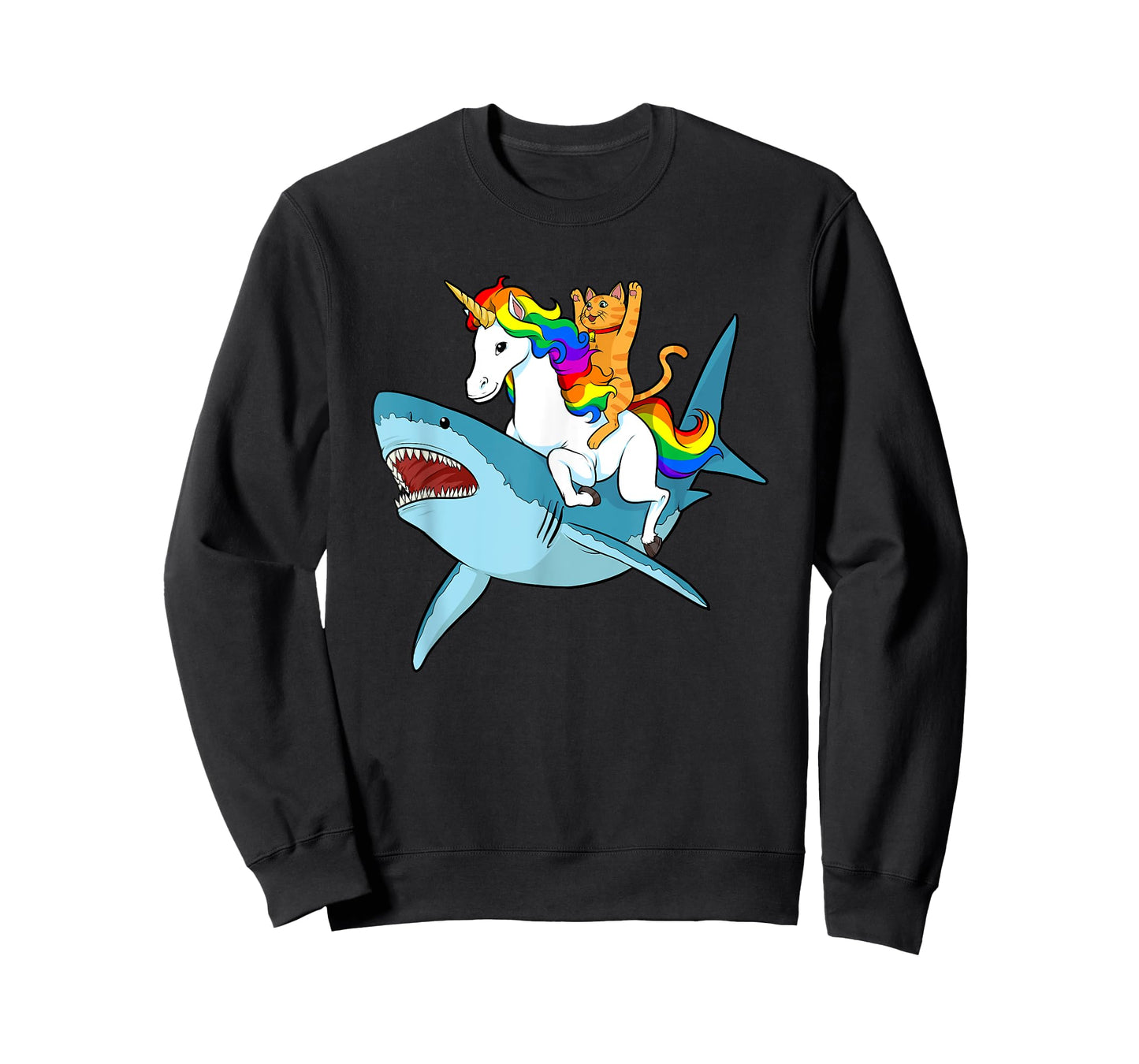Cat Riding Unicorn Riding Shark Design T-Shirt
