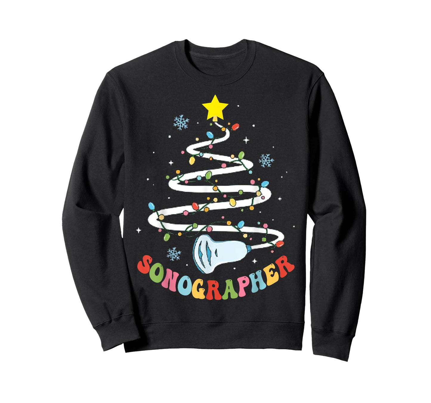 Christmas Sonography Tech, Holiday Sonographer Xmas Tree T-Shirt - Unisex-Adults, Black, Small