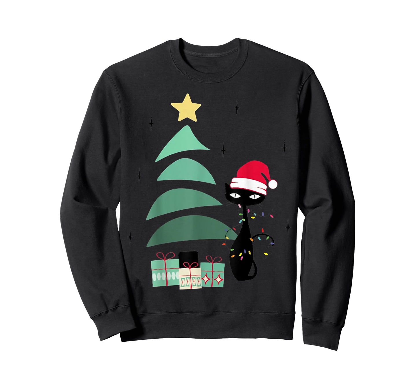 Funny Retro Mid Century Atomic Christmas Tree and Cat T-Shirt for Men Women Kids