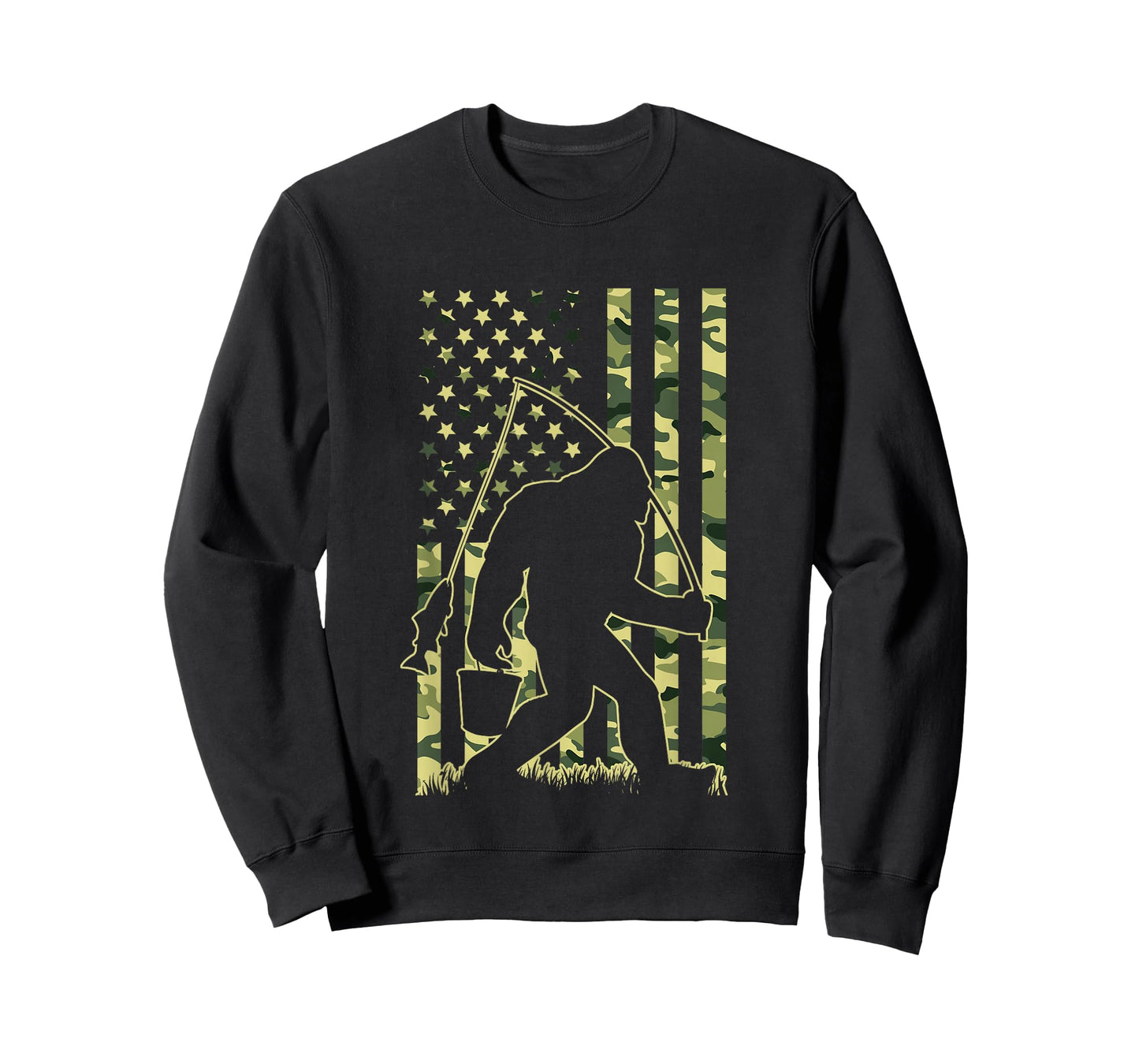 Bigfoot Fishing with Camo American Flag Funny Fisherman T-Shirt