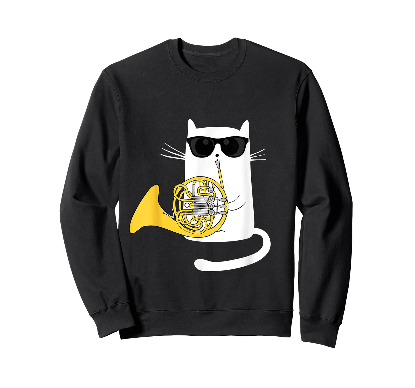Funny Jazz Cat Wearing Sunglasses Playing French Horn Men Women Girls Kids T-Shirt