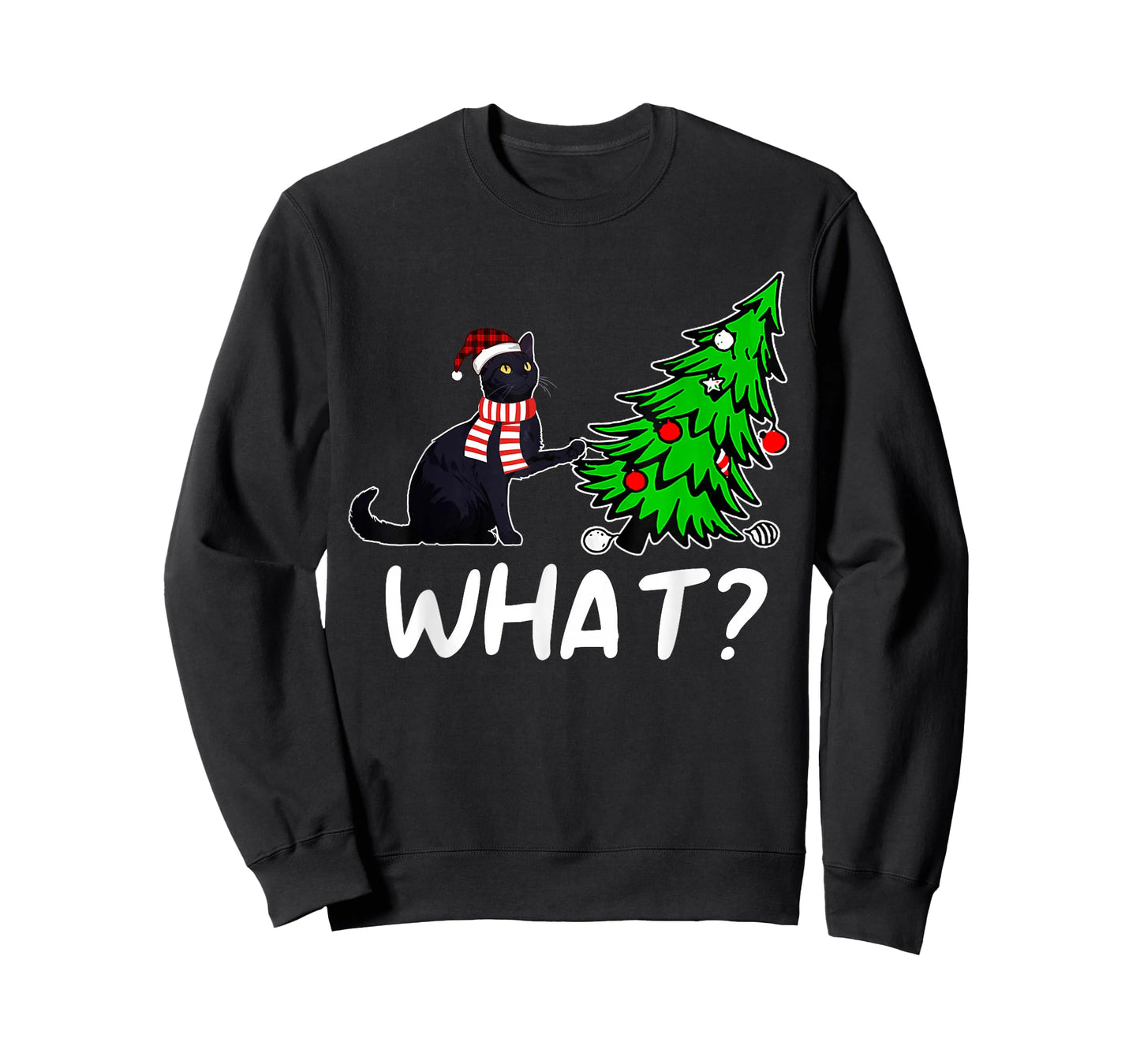 Funny Black Cat Gift Pushing Christmas Tree Over Cat What? T-Shirt