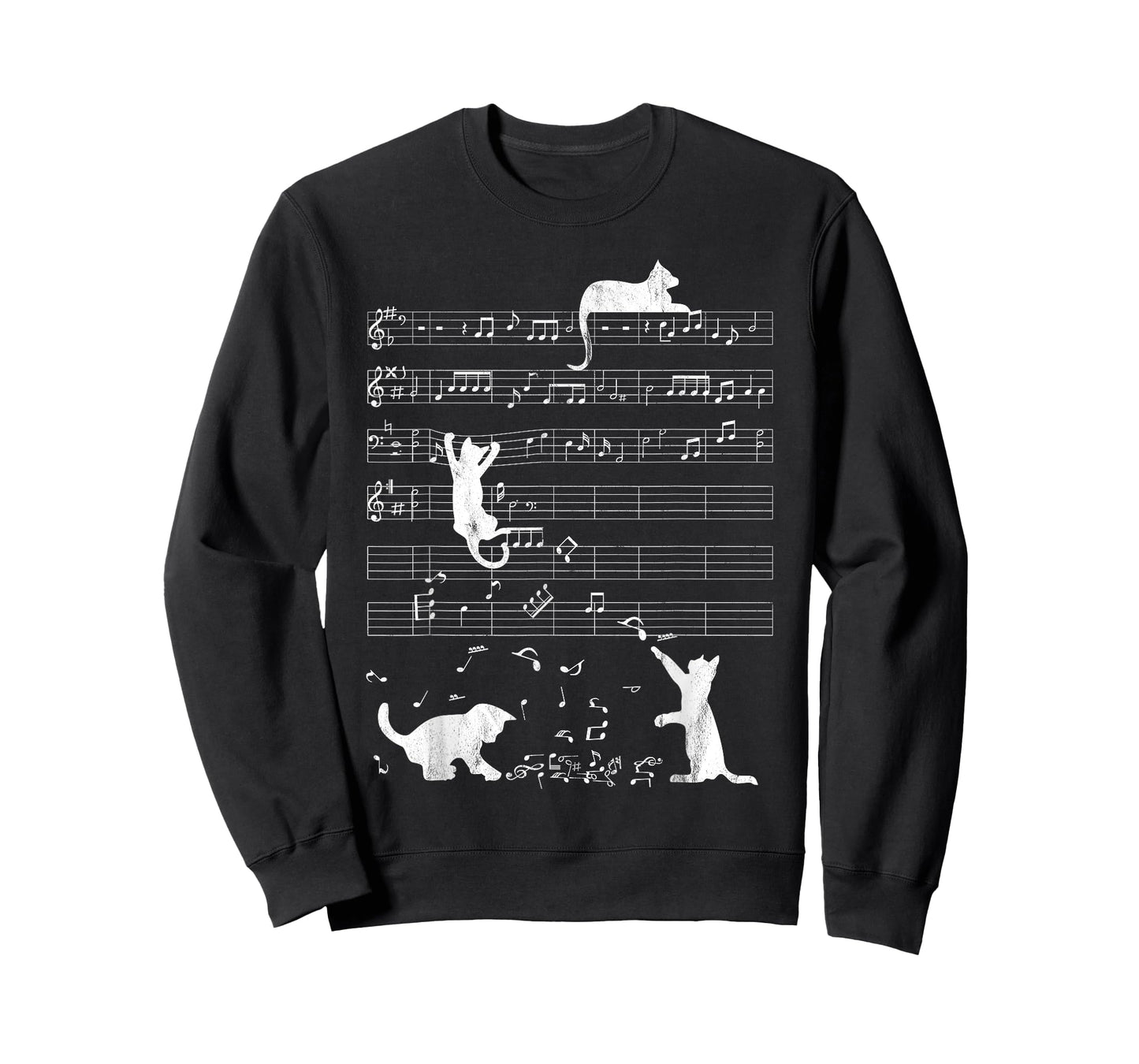 Cute Cat Distressed Music Notes Kitty Piano Musician T-Shirt for Men Women Kids