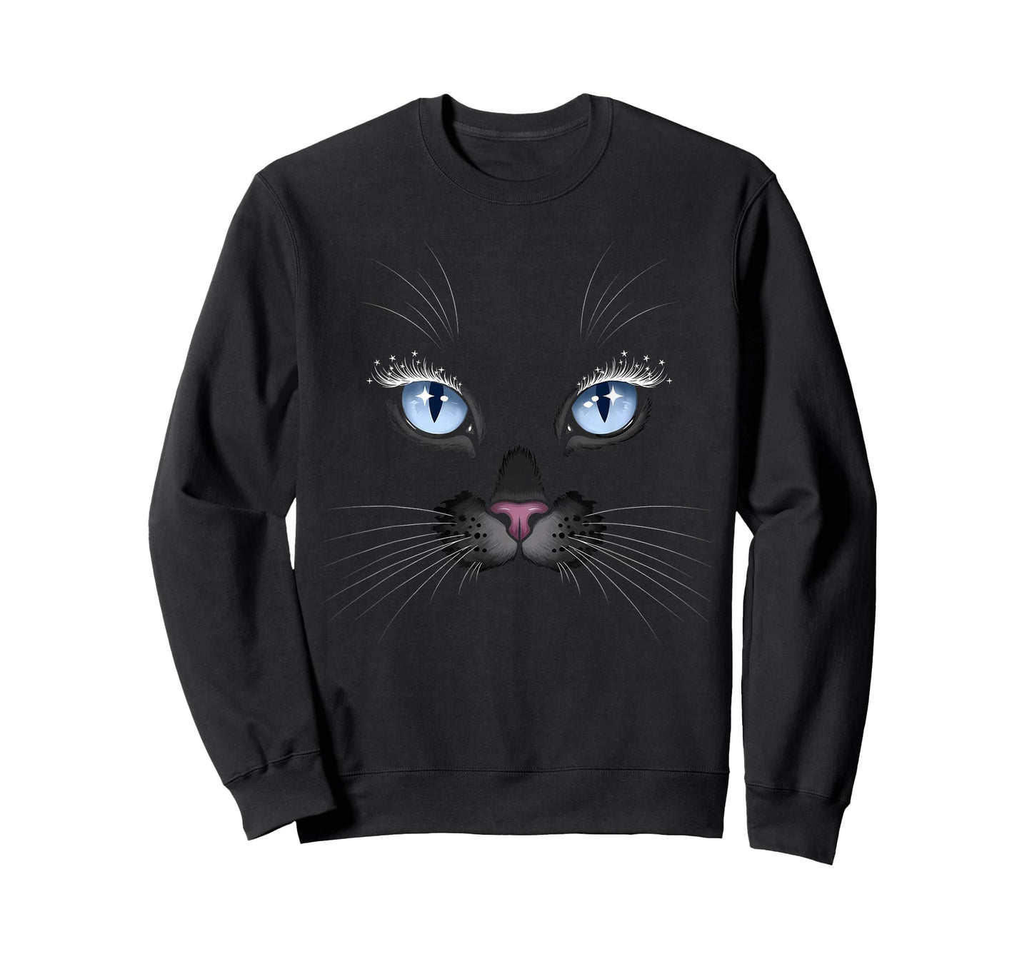Black Cat Face Blue Eyes Sparkle Lashes Glamorous Cats Lover T-Shirt