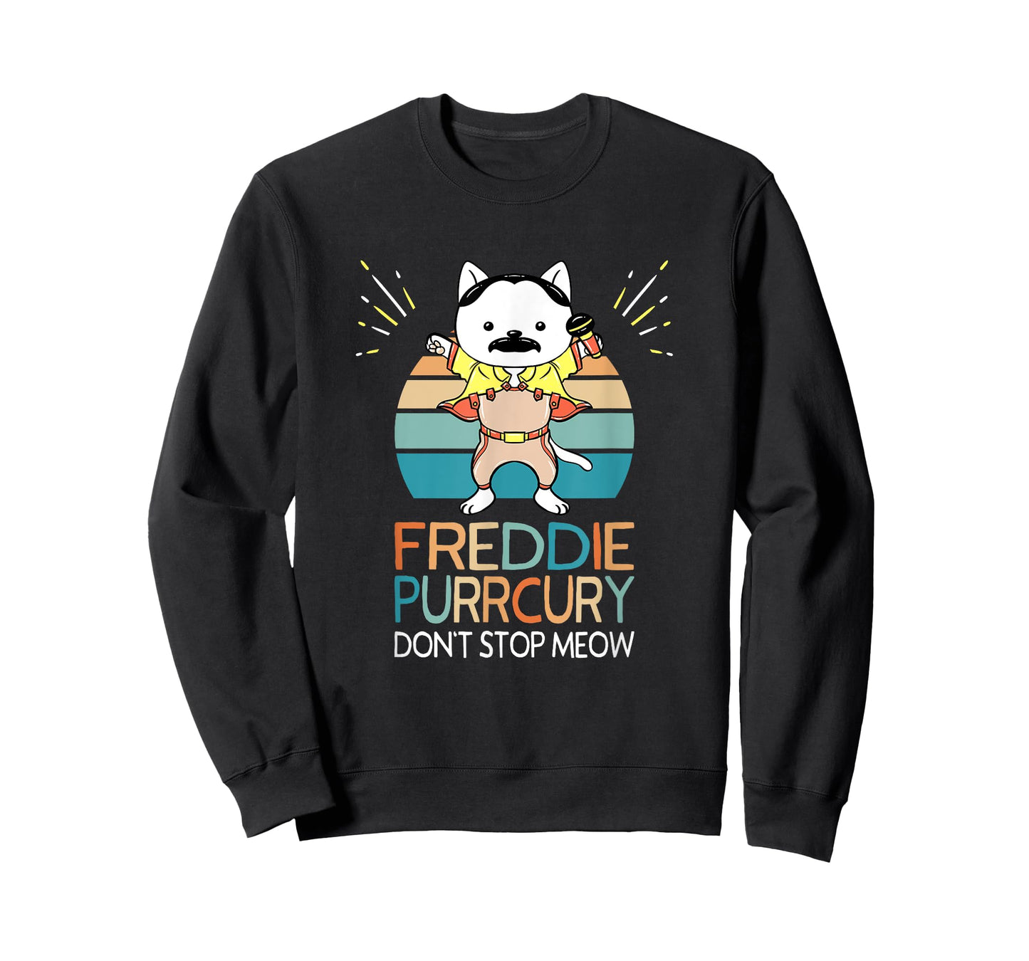 The Purrrfect Cat Store Don't Stop Meow Freddie Purrcury Funny Cat Music Pun Gift T-Shirt - Black, Unisex-Adults/Kids, Short Sleeve, Classic Fit, Small