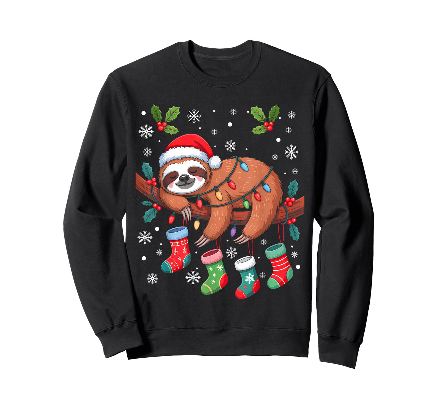 Funny Christmas Sloth Santa Hat Lights Family Xmas Pajamas T-Shirt