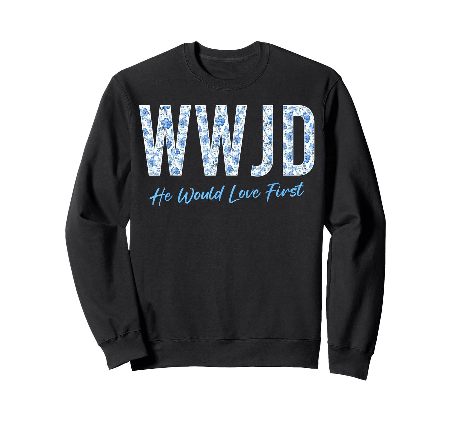 WWJD Christian Faith Believer Blue Floral Graphic T-Shirt