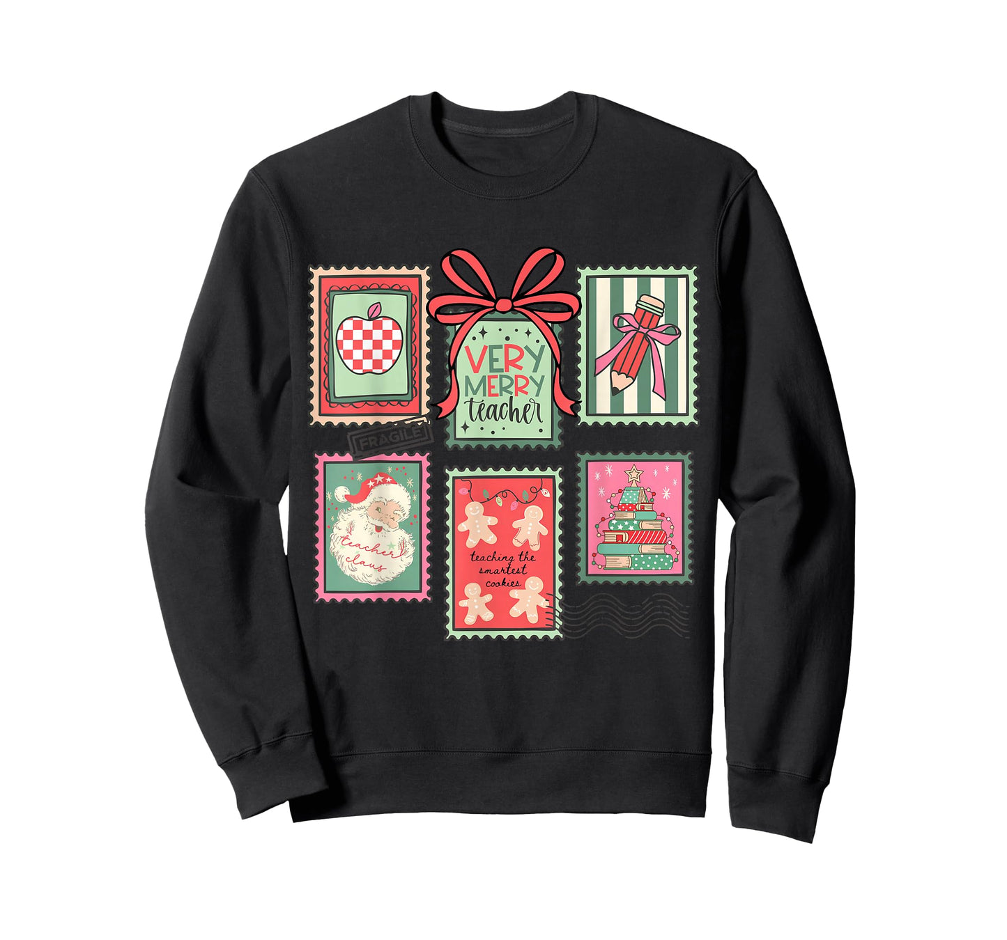 Vintage Preppy Very Merry Teacher Santa Stamps Christmas T-Shirt