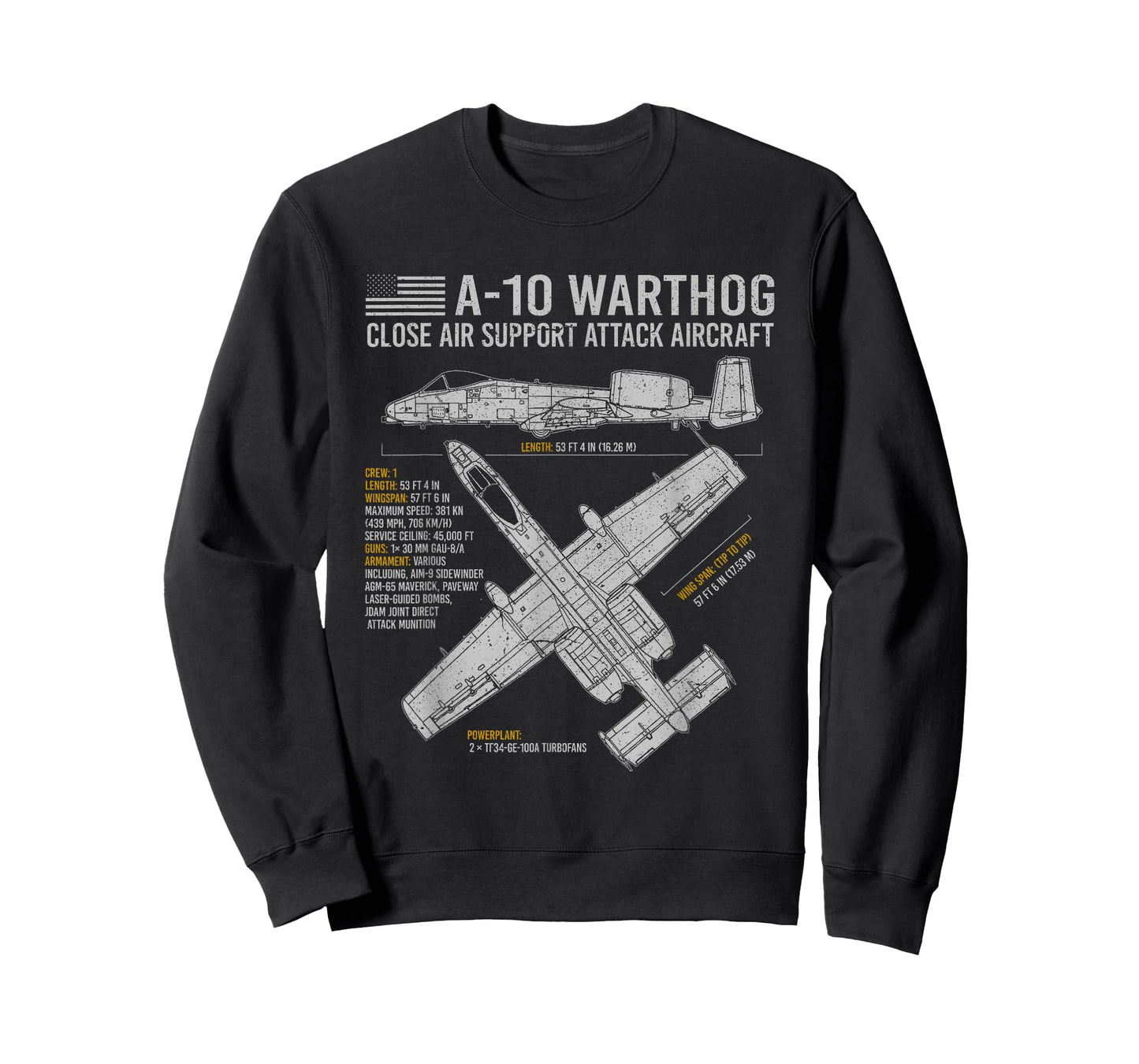 Aviation Geeks Store A-10 Warthog Thunderbolt II Aircraft Airplane Blueprint Fact T-Shirt