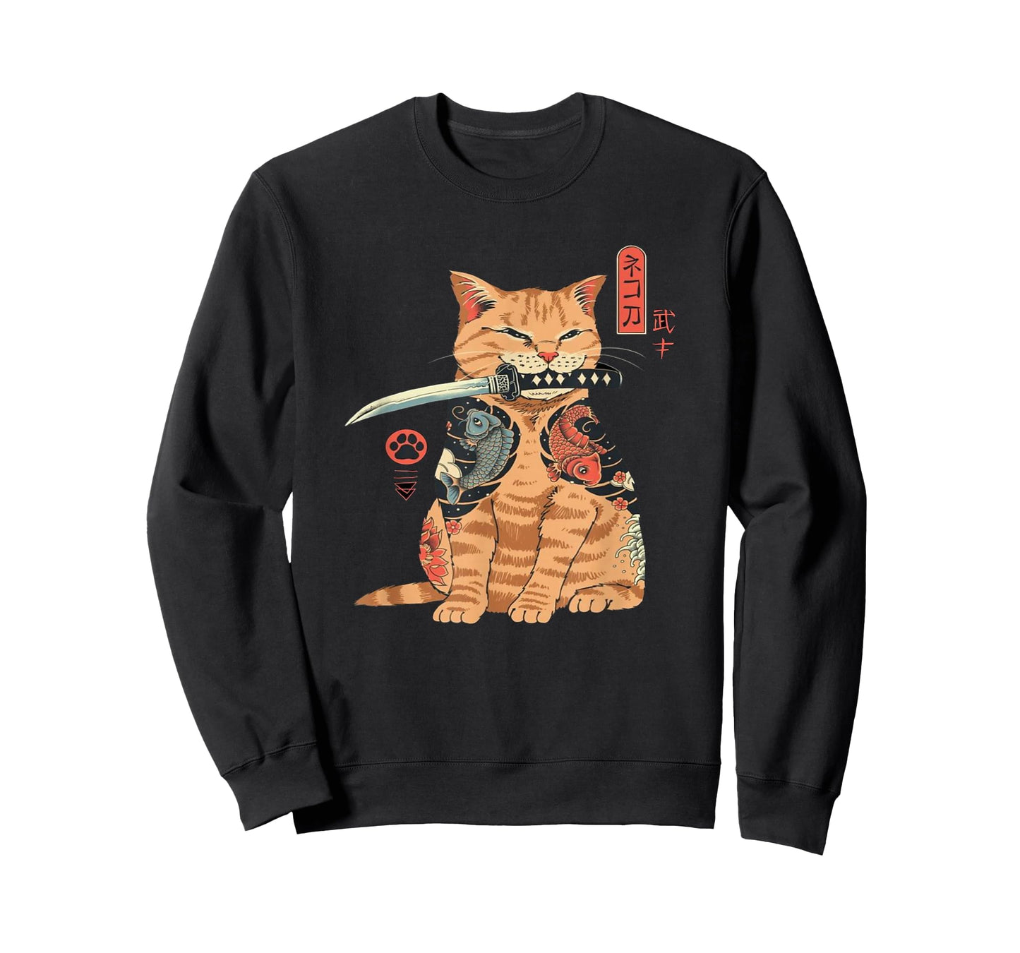 Alexamerch Cats Japanese Samurai Ninja Cat Kawaii Tattoo Graphic T-Shirt - Kids, Anime Fans, Casual Wear Lovers - Unisex - Black - Small - Short Sleeve - Classic Fit - Cotton, Polyester
