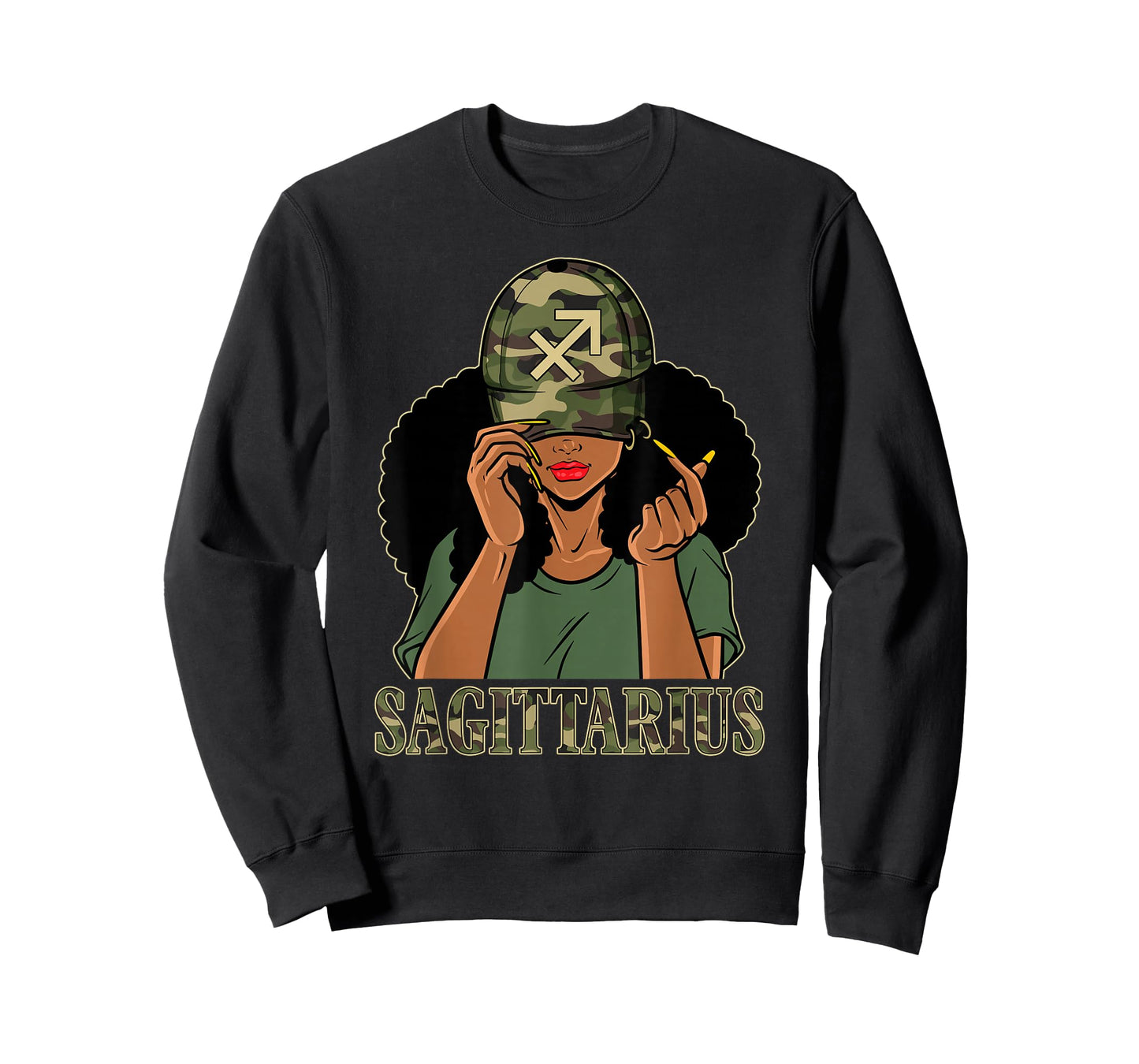 Sagittarius Girl Black Woman With Cap Camo Afro Woman Zodiac T-Shirt