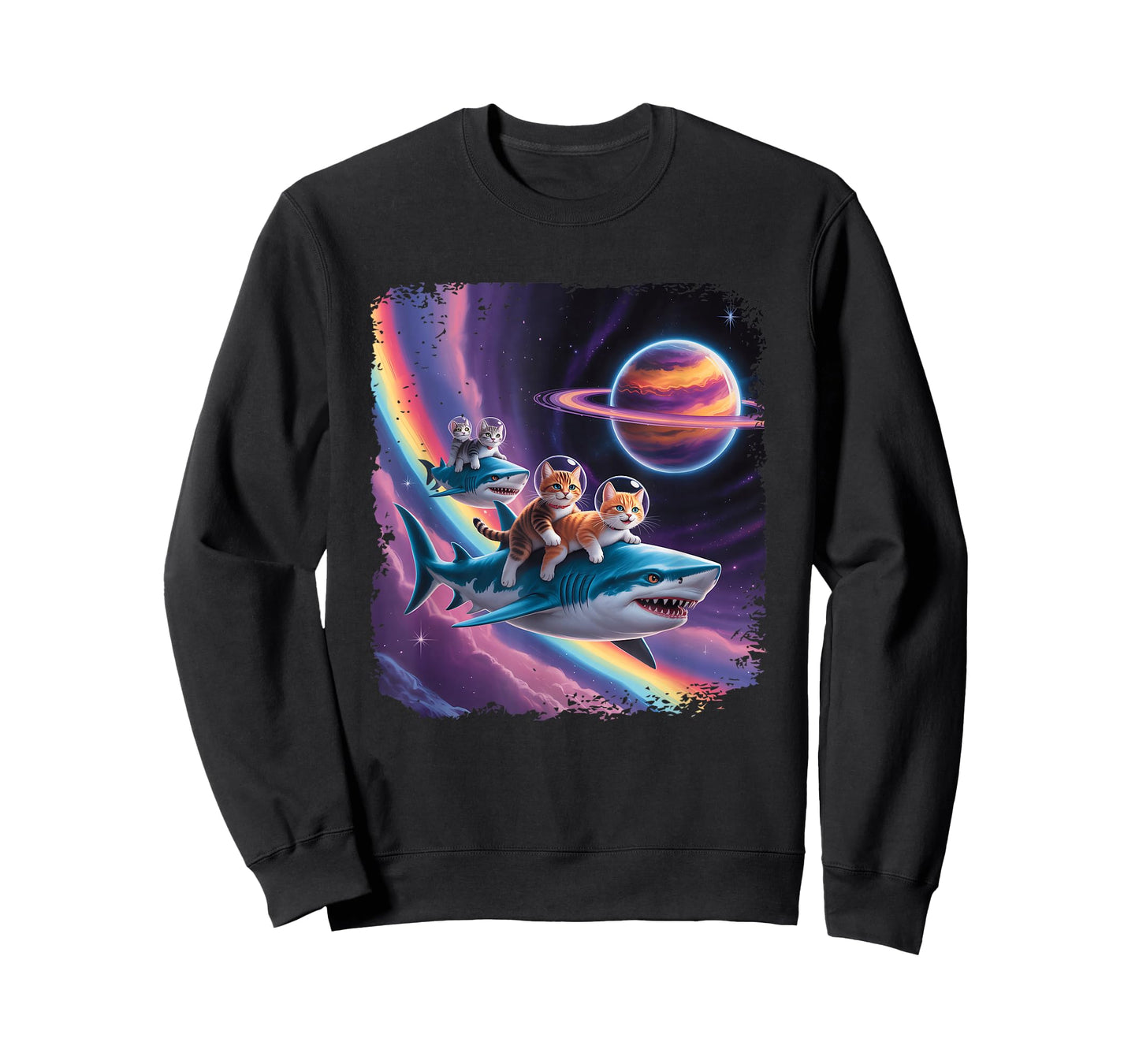 Rainbow Galaxy Cat Riding Shark in Space Sci-fi Space Planet T-Shirt