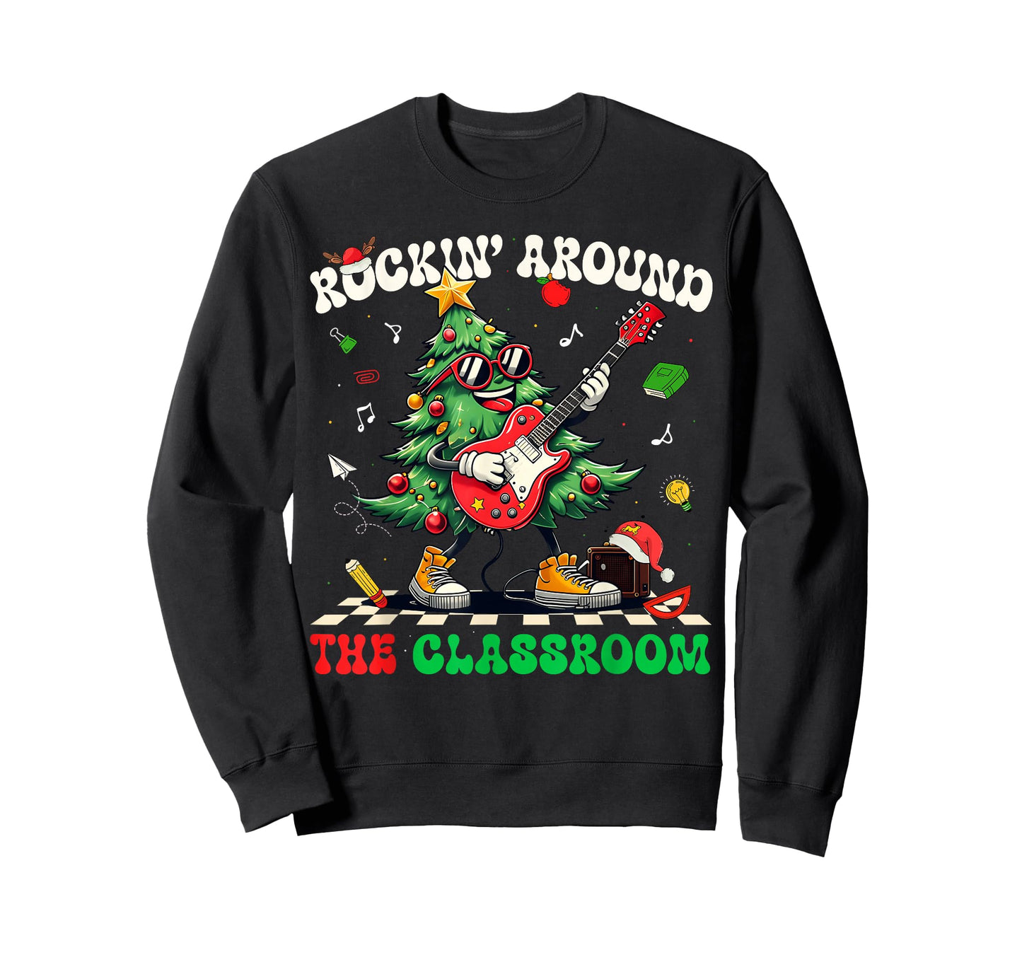 Teacher Christmas Rockin' Around The Classroom Retro Groovy T-Shirt