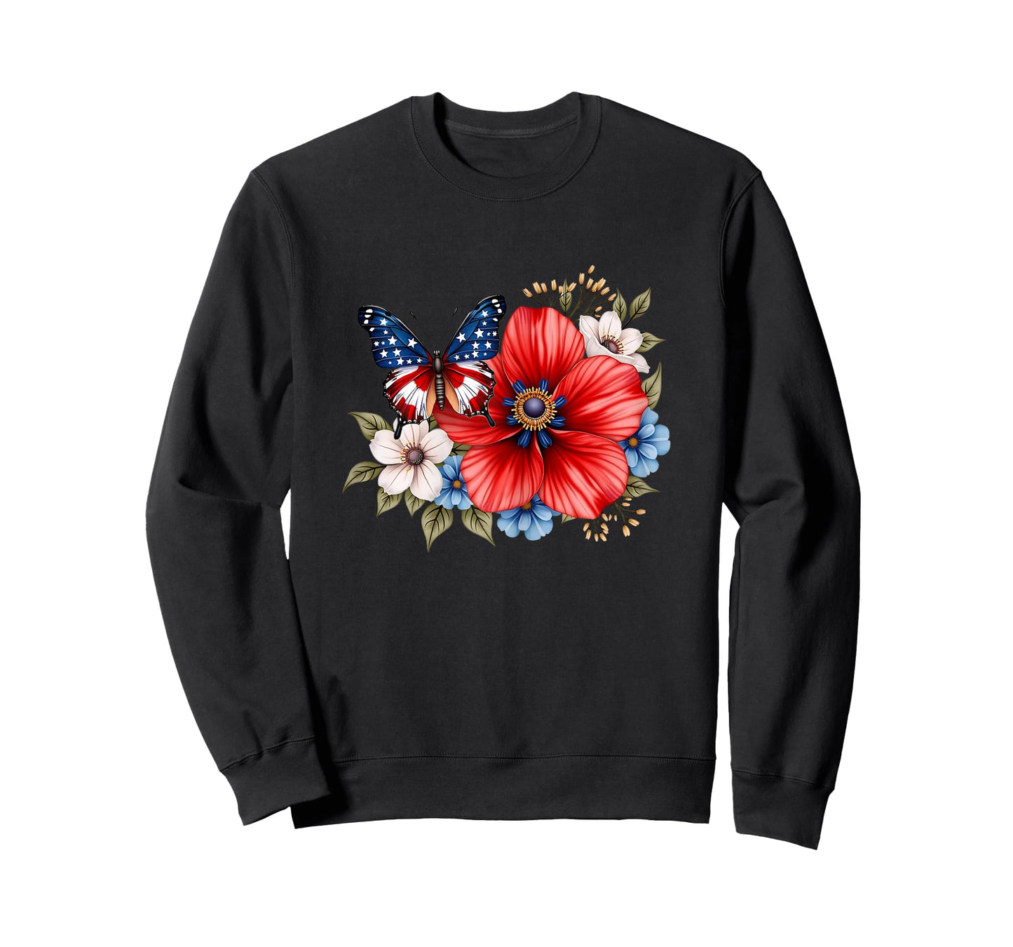 Butterfly Flowers American Flag 4th of July Women Girls T-Shirt
