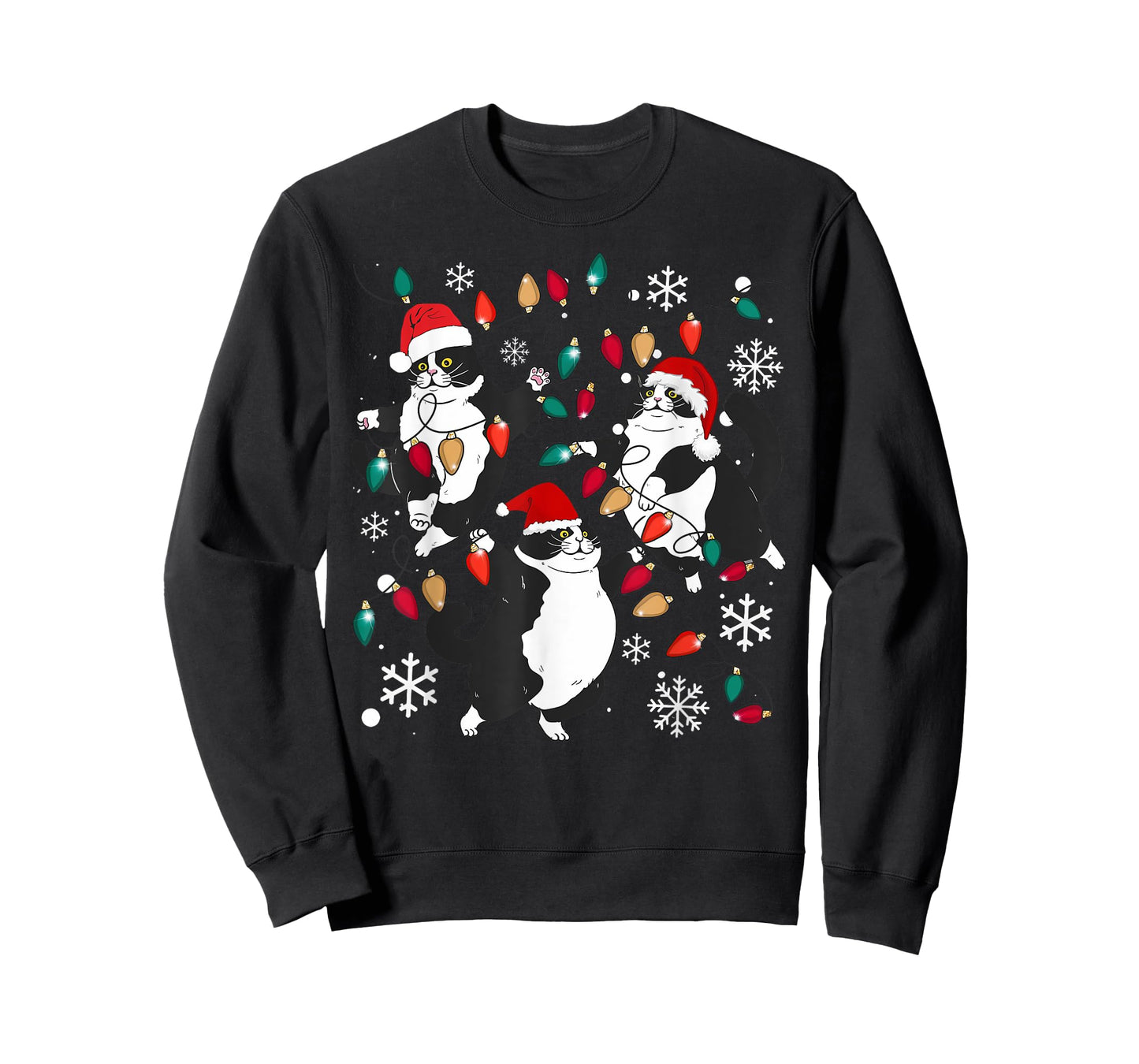 Tuxedo Cat Christmas Lights Meow Santa Xmas Pajama Cat Lover T-Shirt for Men Women Kids