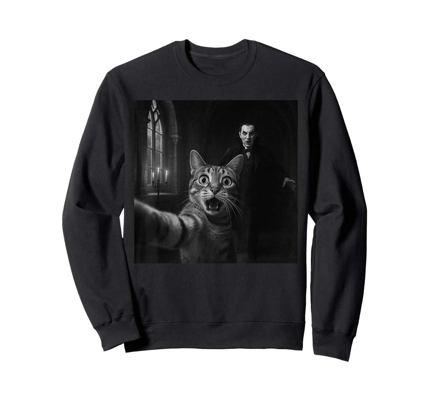 Funny Halloween Surprised Scared Cat Selfie Dracula Vampire T-Shirt