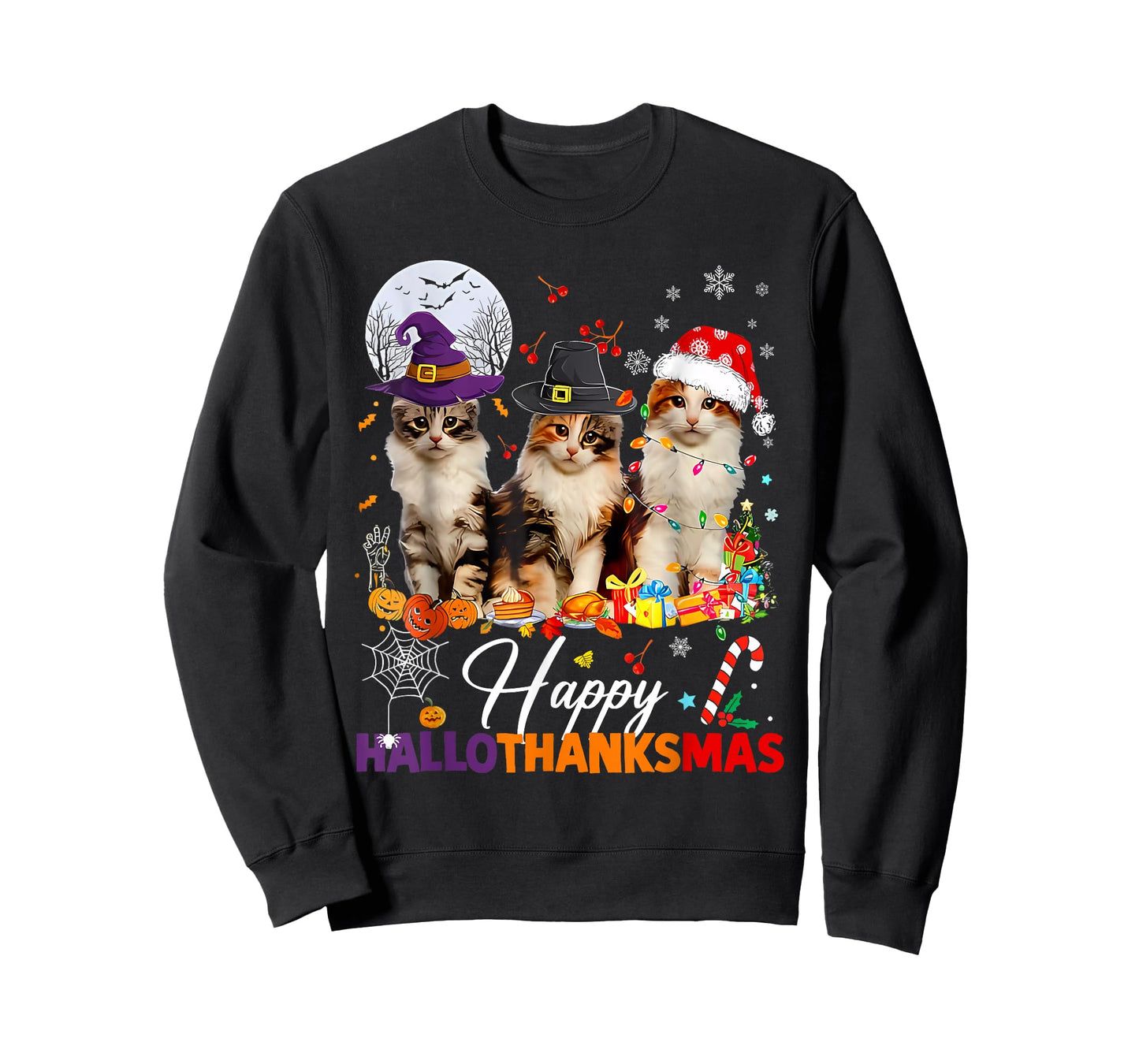 Happy Hallothanksmas Cute Cats Halloween Thanksgiving Xmas T-Shirt