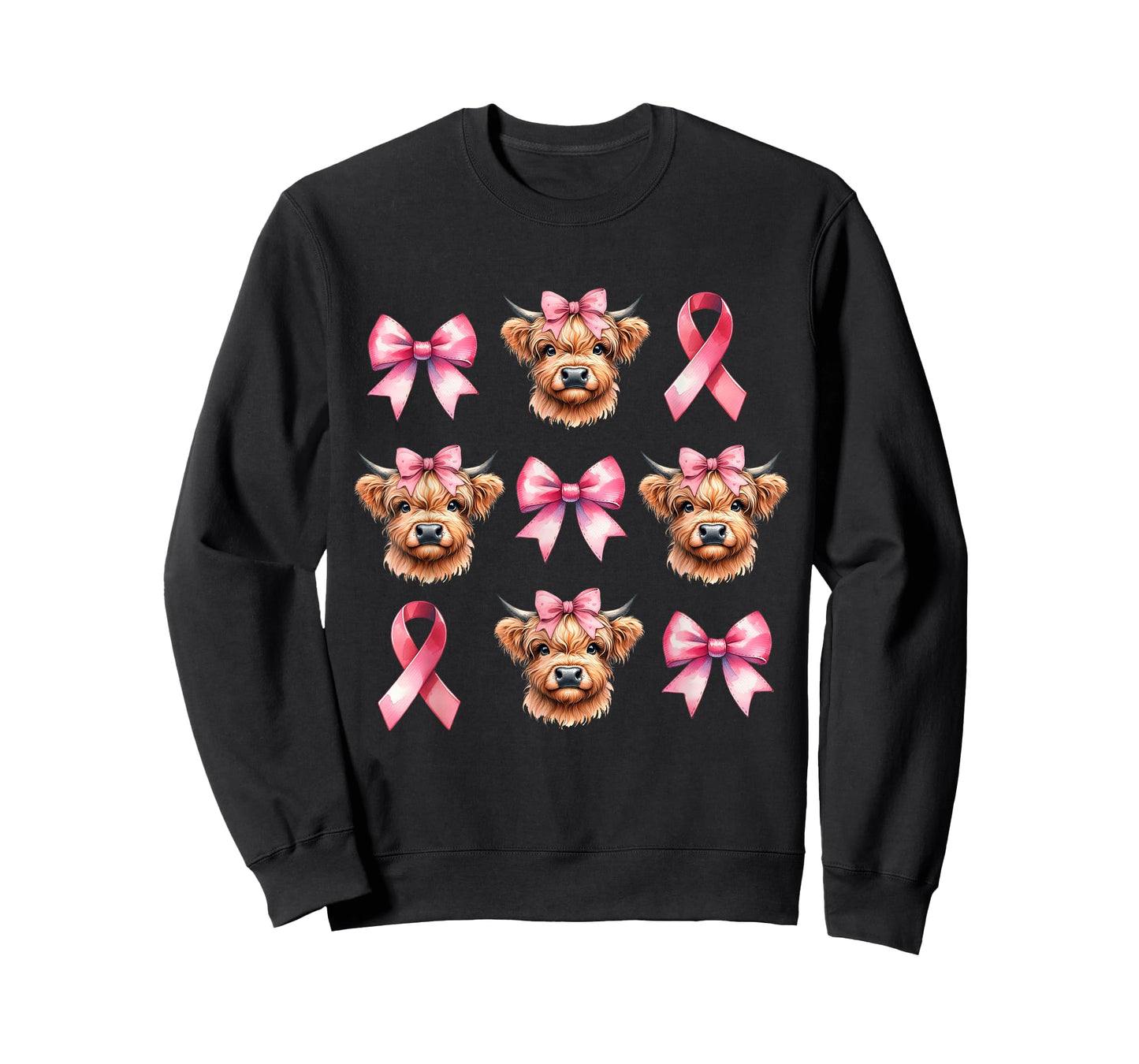 Coquette Bow Pink Ribbon Highland Cow Pink Breast Cancer T-Shirt