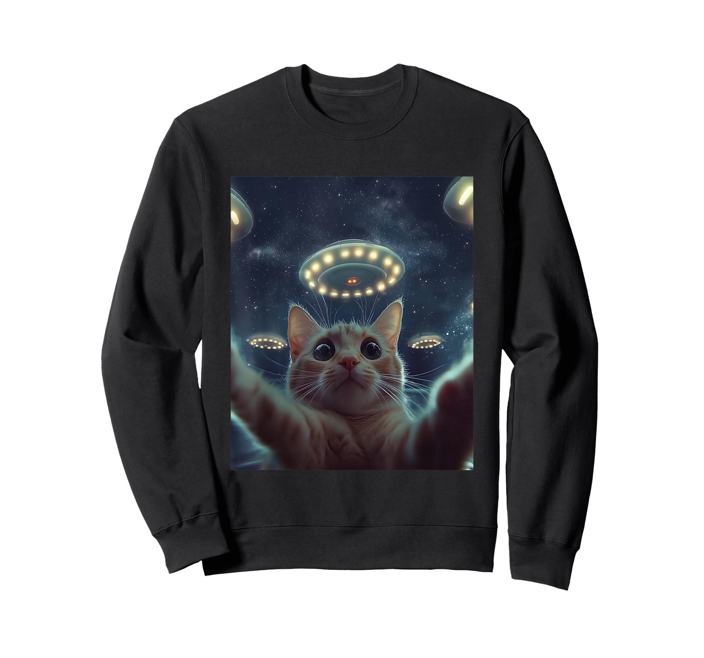 Cat Selfie with UFOs Aliens Kitten Funny Graphic T-Shirt