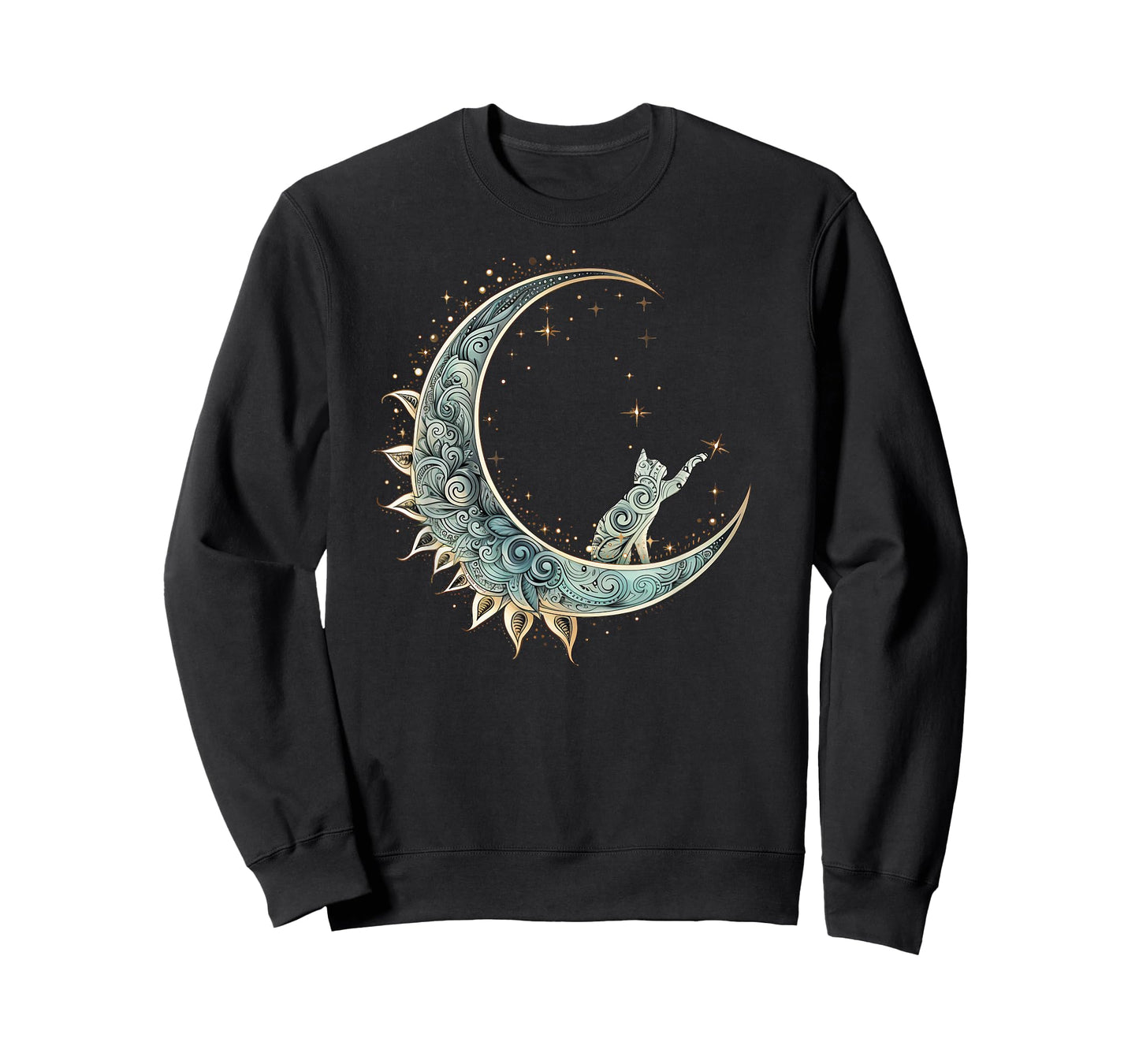 Mystical Aesthetic Cat Sitting on Crescent Moon Lunar Cat T-Shirt