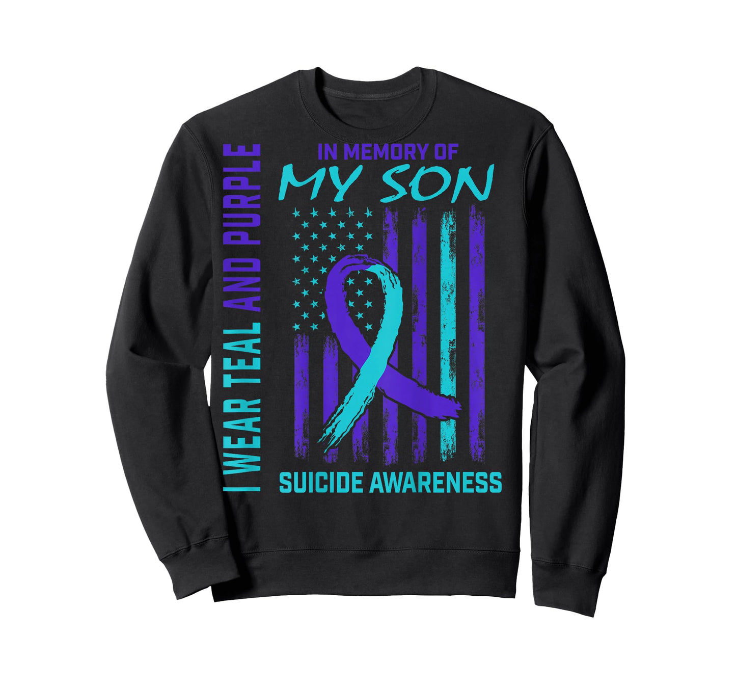 Teal Purple Ribbon Suicide Awareness USA Flag Son Back Print T-Shirt