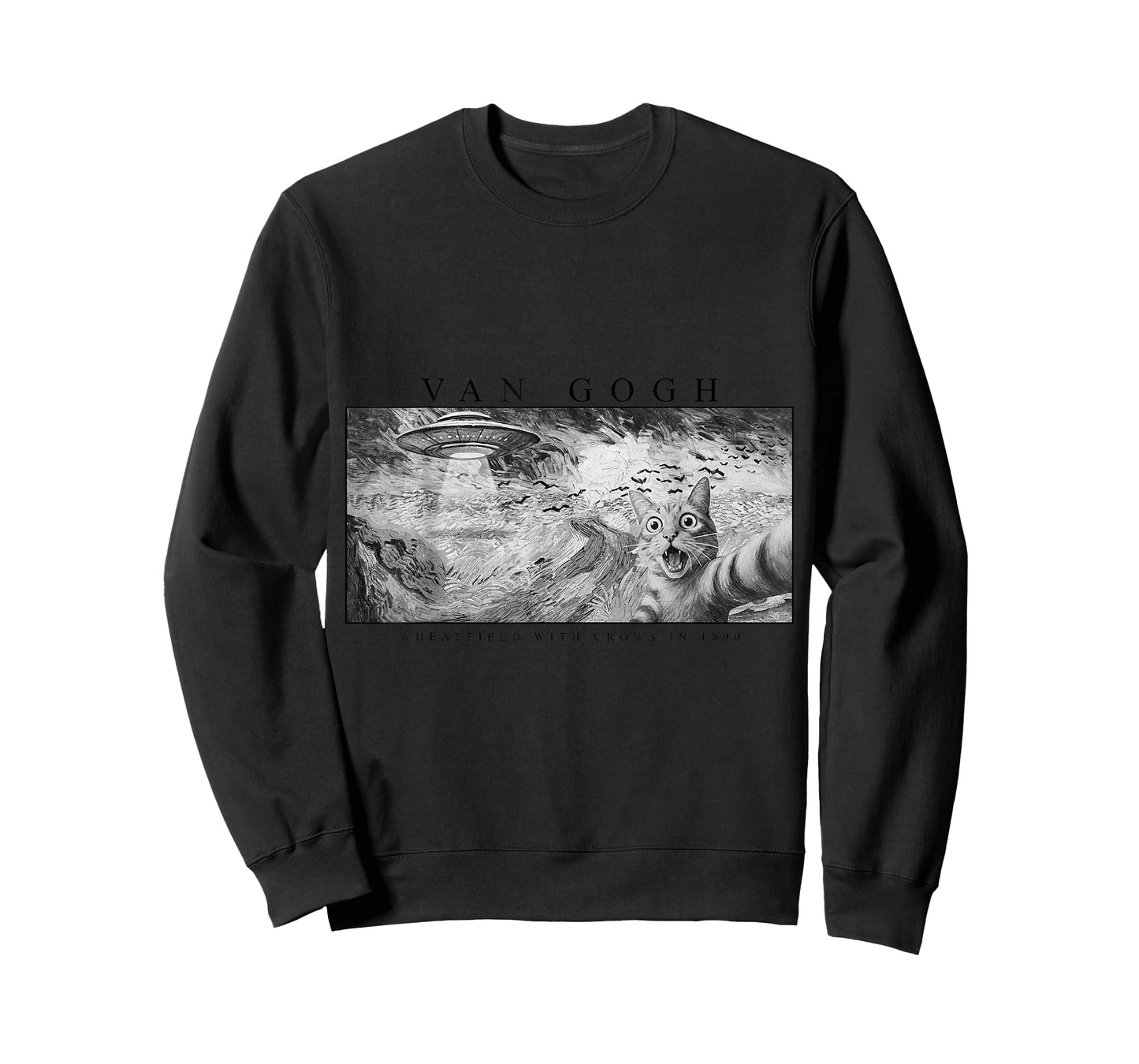 Funny Cat, Van Gogh Cat Selfie with Alien UFO in Wheatfield T-Shirt