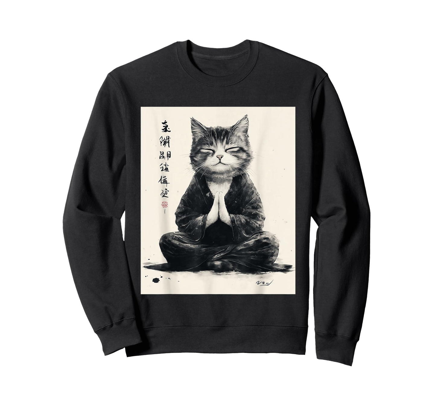 Zen Cat T-Shirt - Meditating Japanese Art Style Graphic Tee T-Shirt for Men Women Kids
