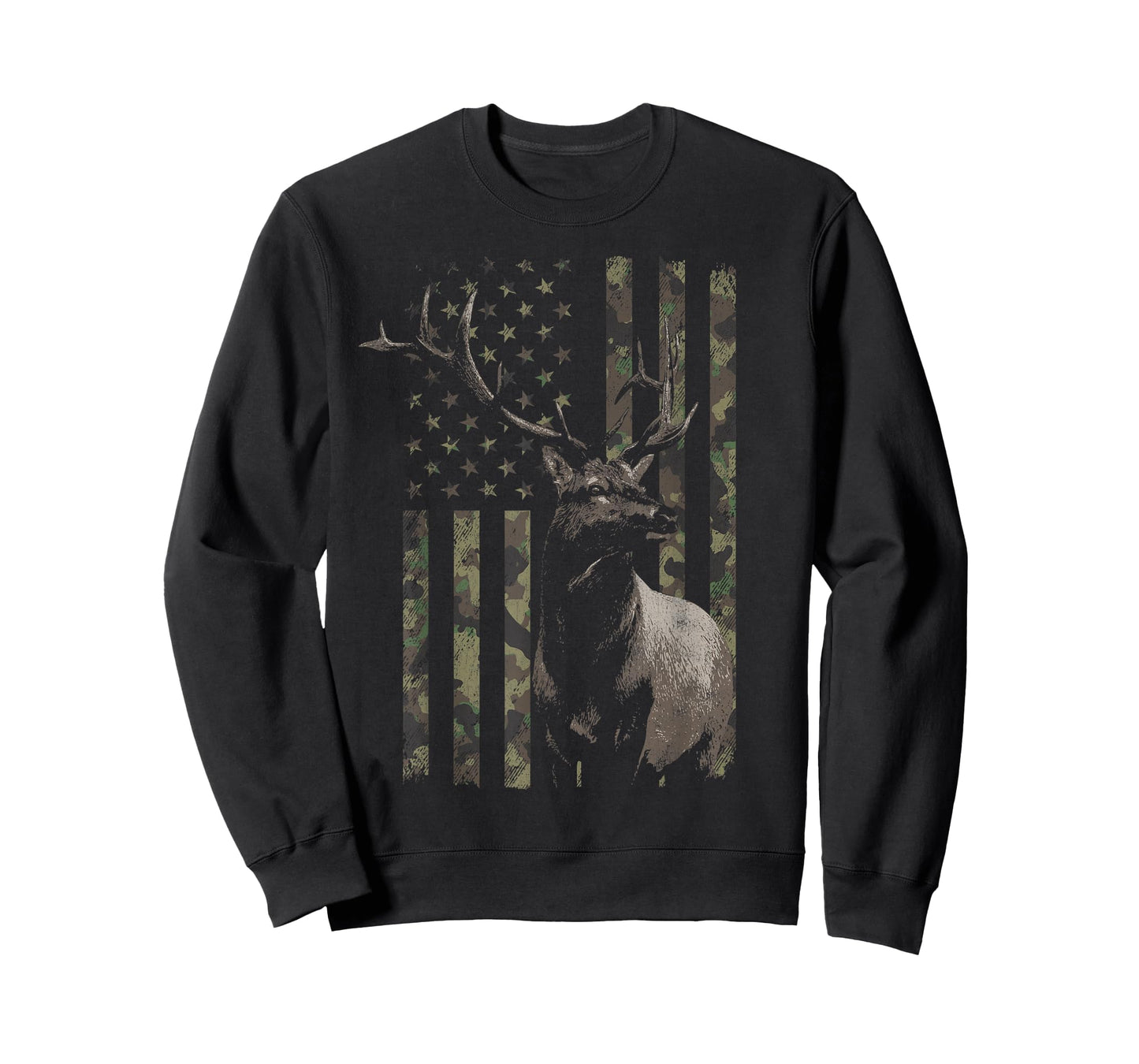 Elk Hunting Distressed Camo American Flag T-Shirt
