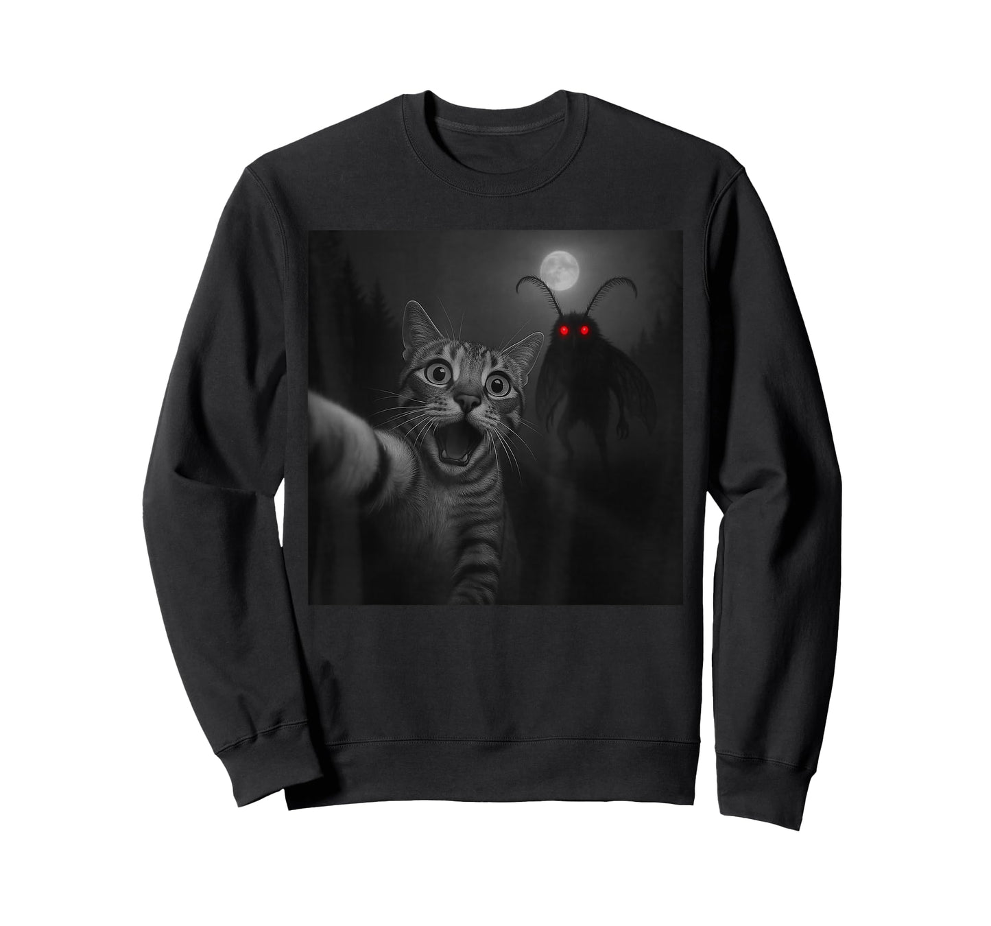 Funny Halloween Surprised Scared Cat Selfie Mothman Cryptid T-Shirt