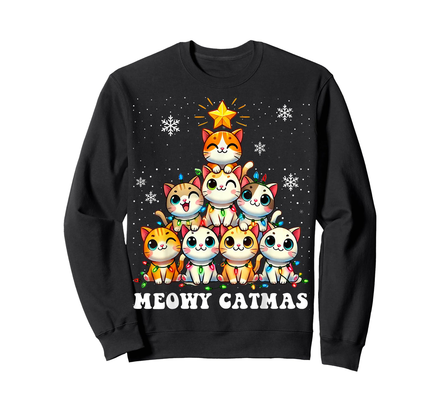 Meowy Catmas Funny Christmas Tree Lights Cute Cat Lover Xmas Men Women Kids T-Shirt