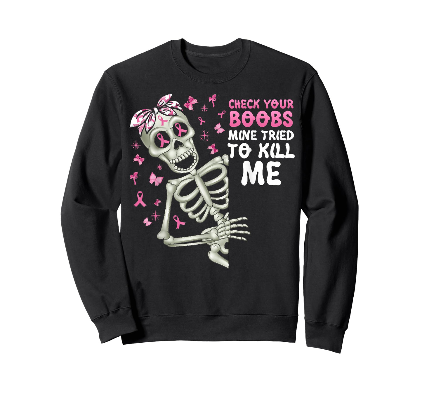 Check Your Boobs Mine Tried To Kill Me,Halloween Pink Ribbon T-Shirt