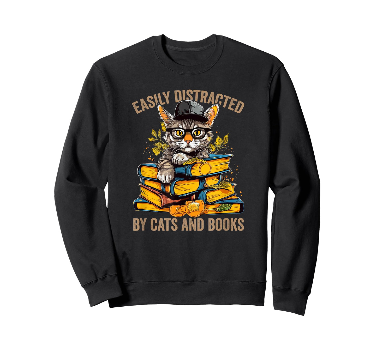 Easily Distracted by Cats and Books Book Reading Lovers T-Shirt