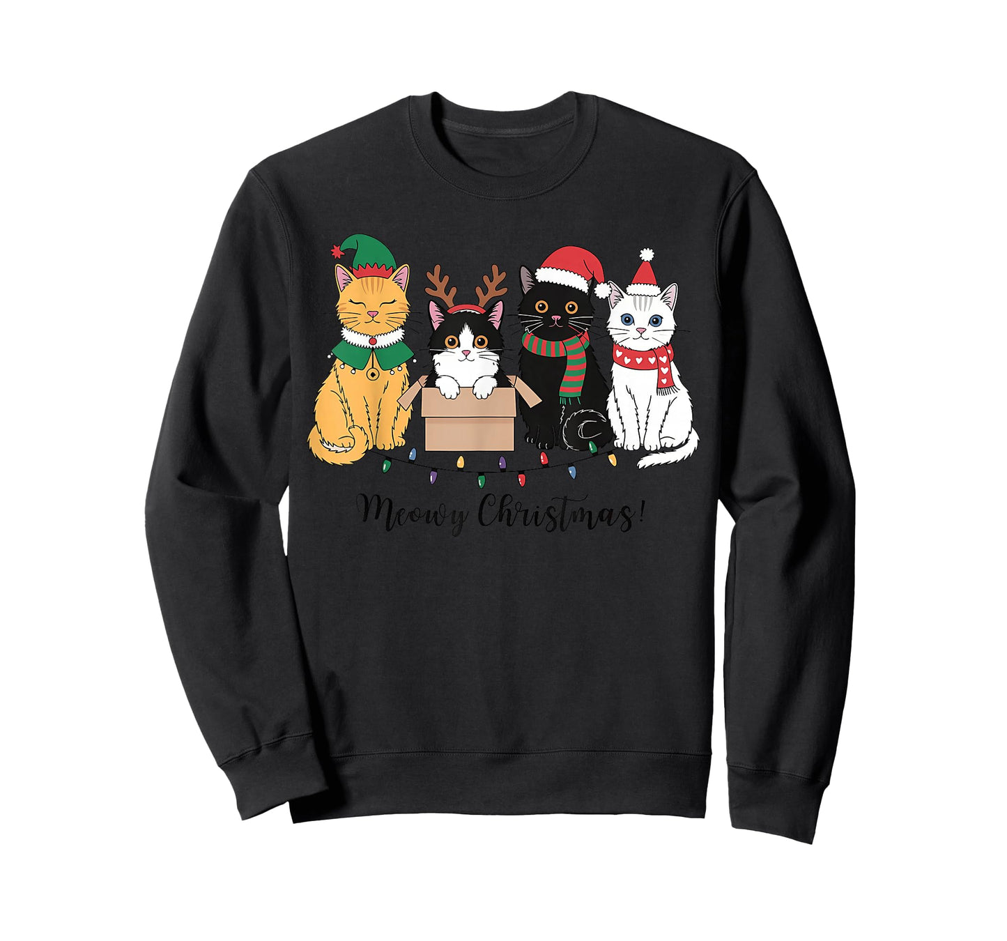 Meowy Christmas Xmas Lights Black Cat Pajamas Family Funny T-Shirt