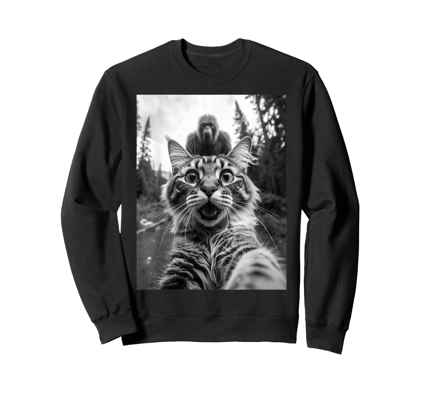 Funny Shocked Cat Selfie with Bigfoot Sasquatch Forest T-Shirt