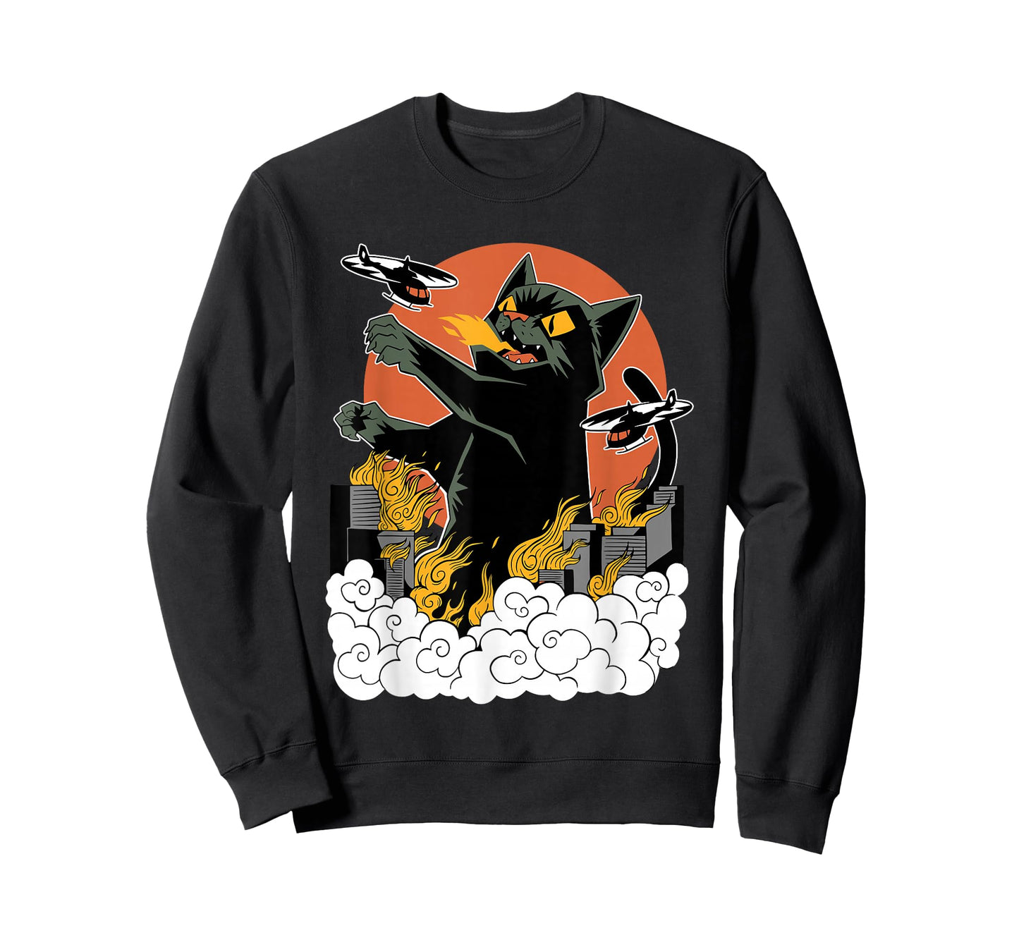 Black Japanese Catzilla Sunset T-Shirt - Classic Fit, Crew Neck, Cotton & Polyester Blend